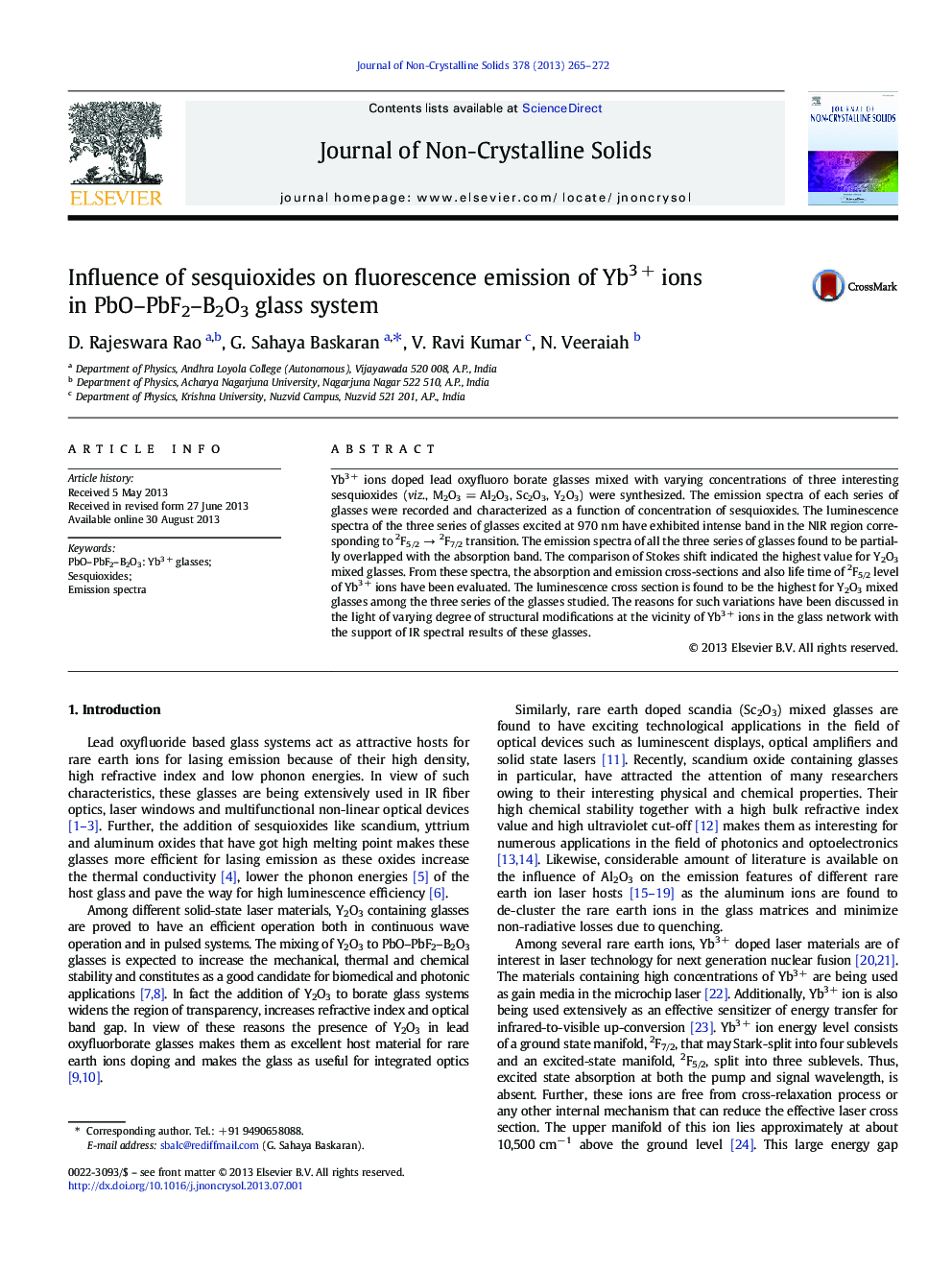 Influence of sesquioxides on fluorescence emission of Yb3Â + ions in PbO-PbF2-B2O3 glass system