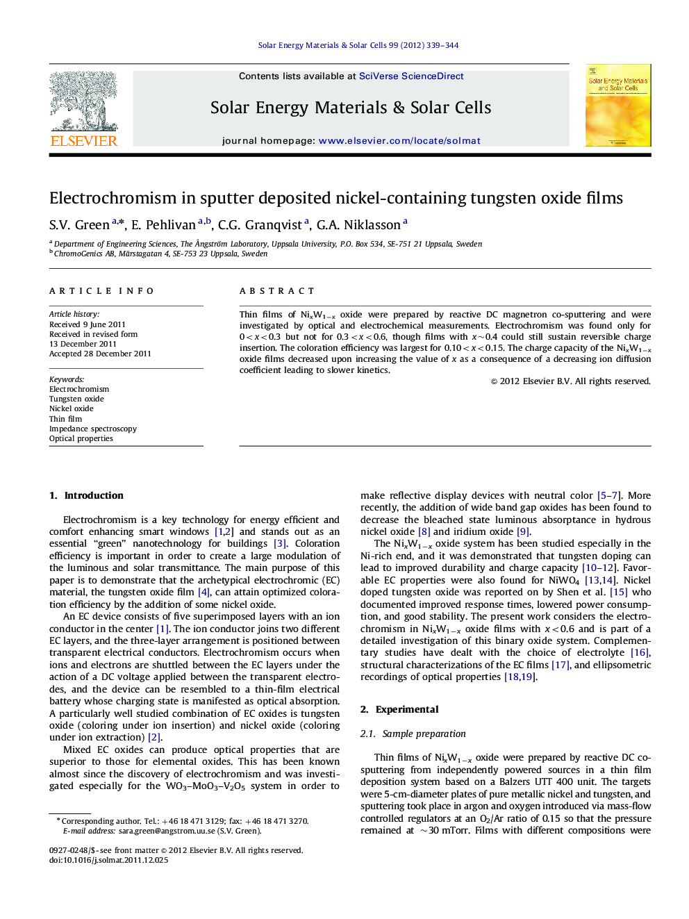 Electrochromism in sputter deposited nickel-containing tungsten oxide films