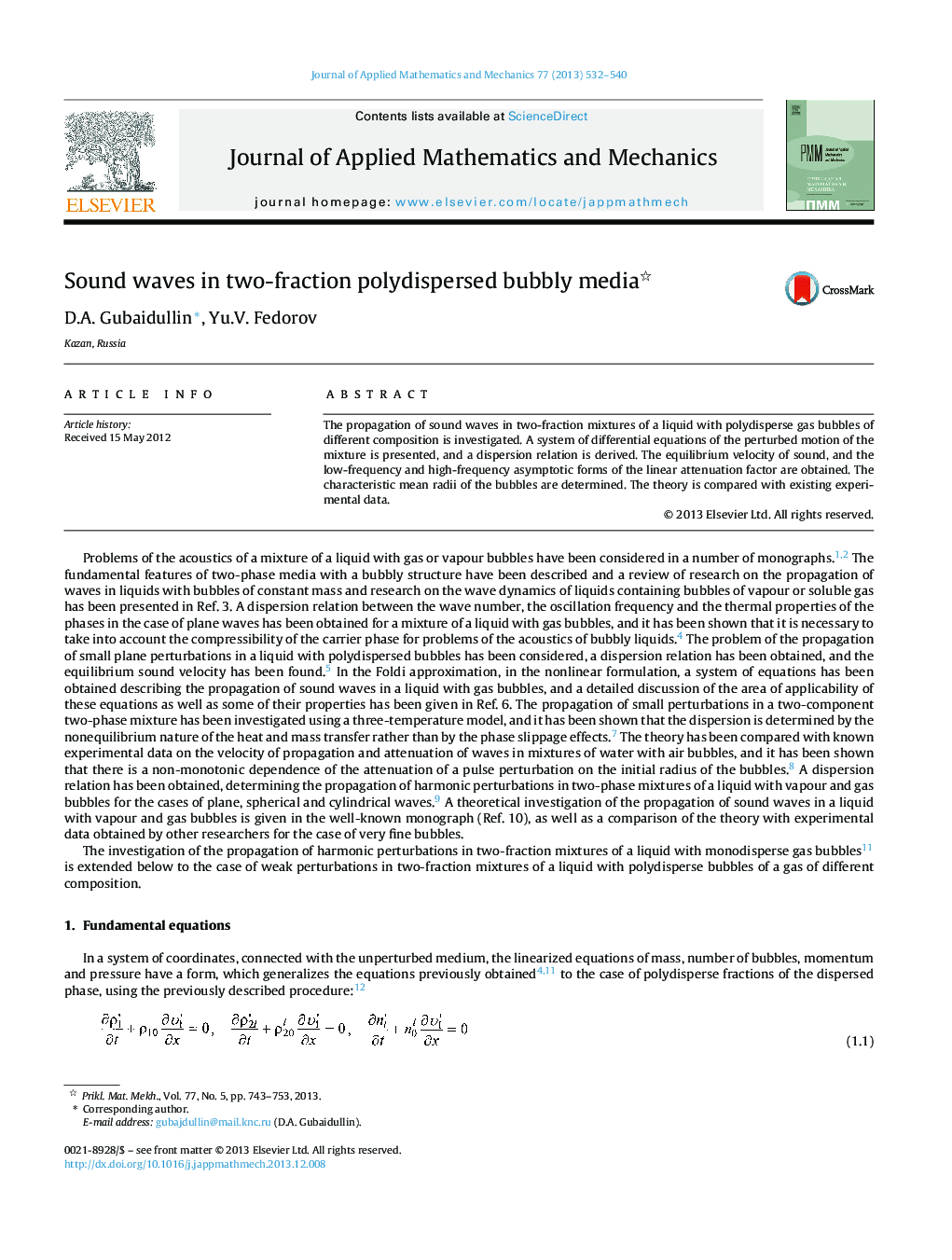 عکس صفحه اول مقاله: Sound waves in two-fraction polydispersed bubbly media Sound waves in two-fraction polydispersed bubbly media