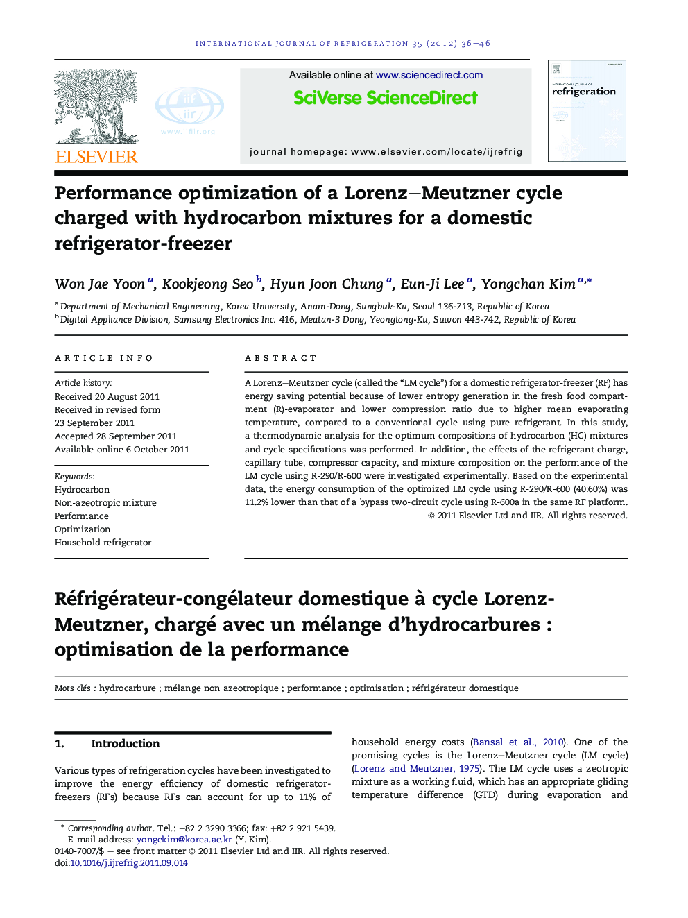 Performance optimization of a Lorenz–Meutzner cycle charged with hydrocarbon mixtures for a domestic refrigerator-freezer