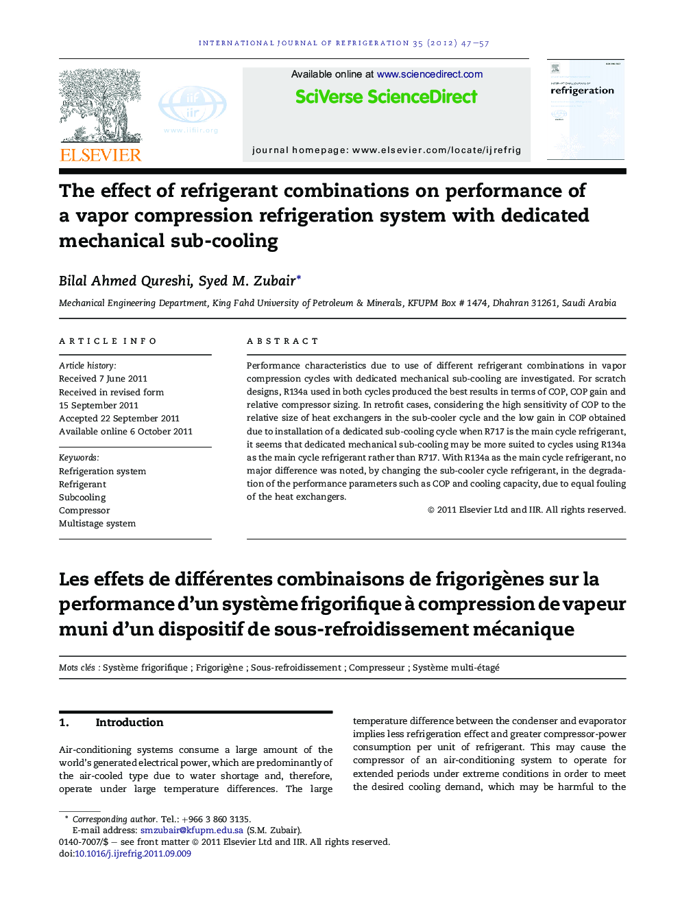 The effect of refrigerant combinations on performance of a vapor compression refrigeration system with dedicated mechanical sub-cooling