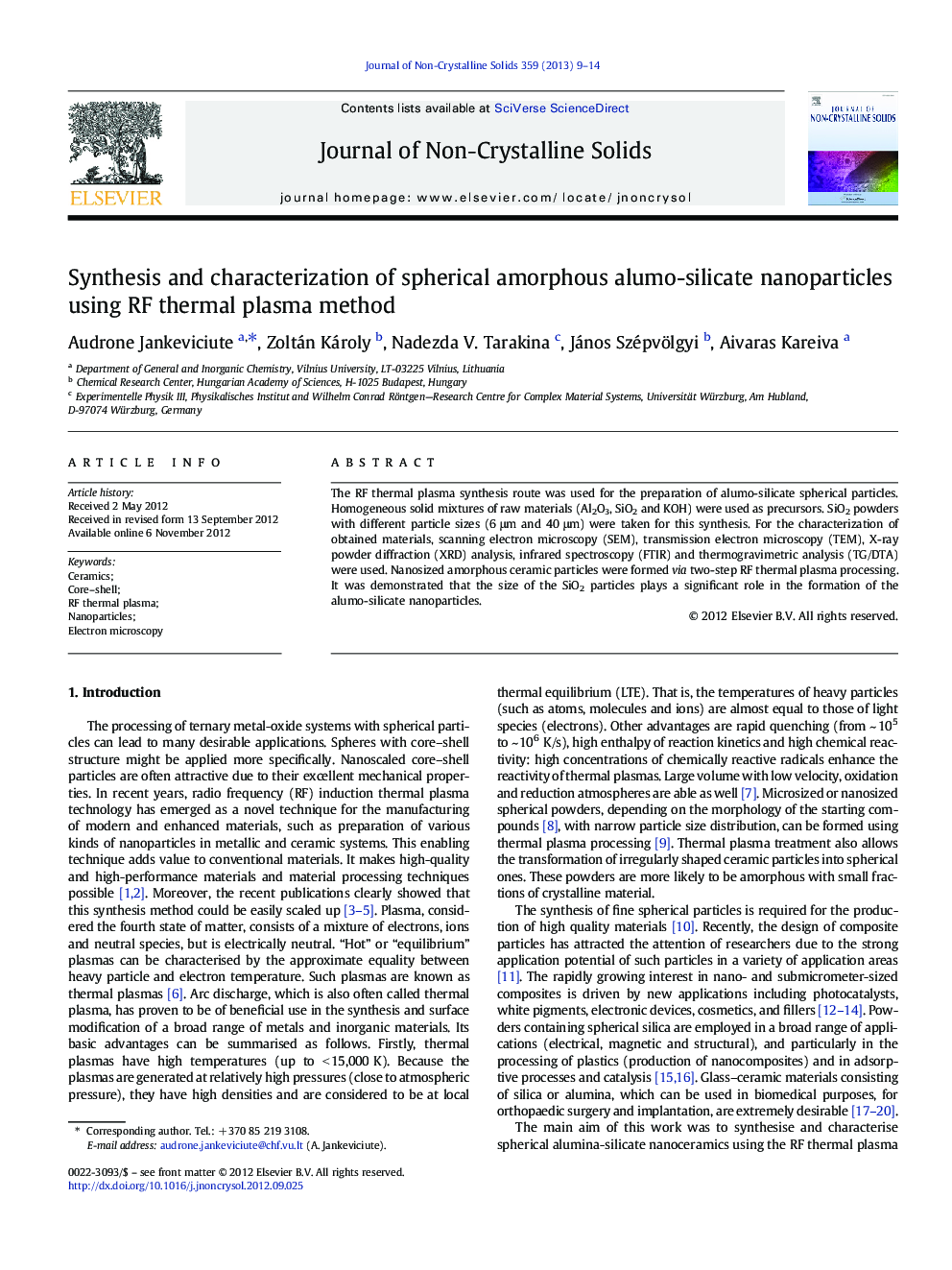 عکس صفحه اول مقاله: Synthesis and characterization of spherical amorphous alumo-silicate nanoparticles using RF thermal plasma method Synthesis and characterization of spherical amorphous alumo-silicate nanoparticles using RF thermal plasma method