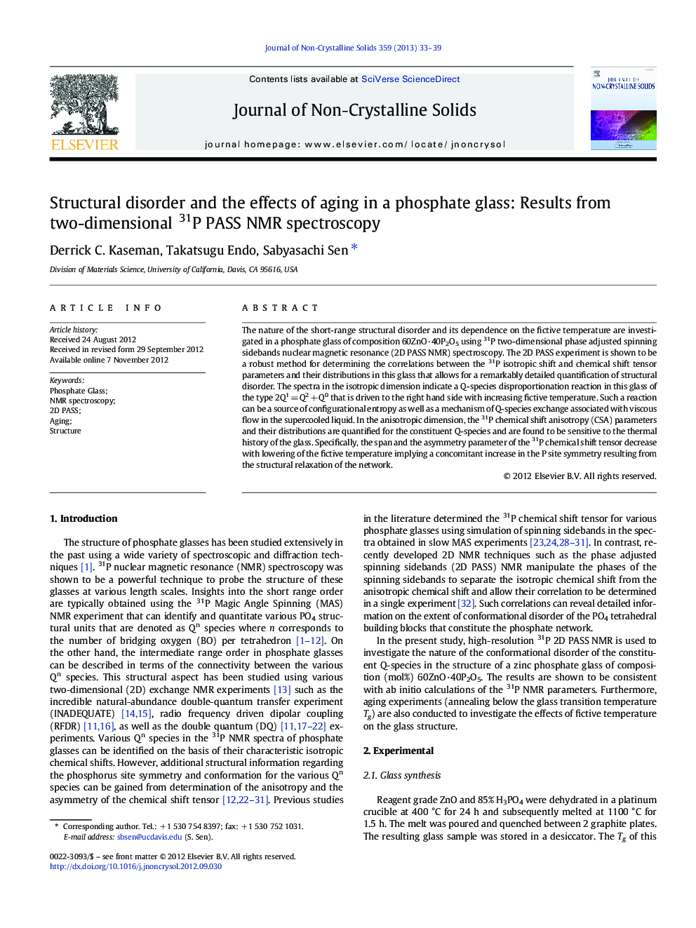 Structural disorder and the effects of aging in a phosphate glass: Results from two-dimensional 31P PASS NMR spectroscopy