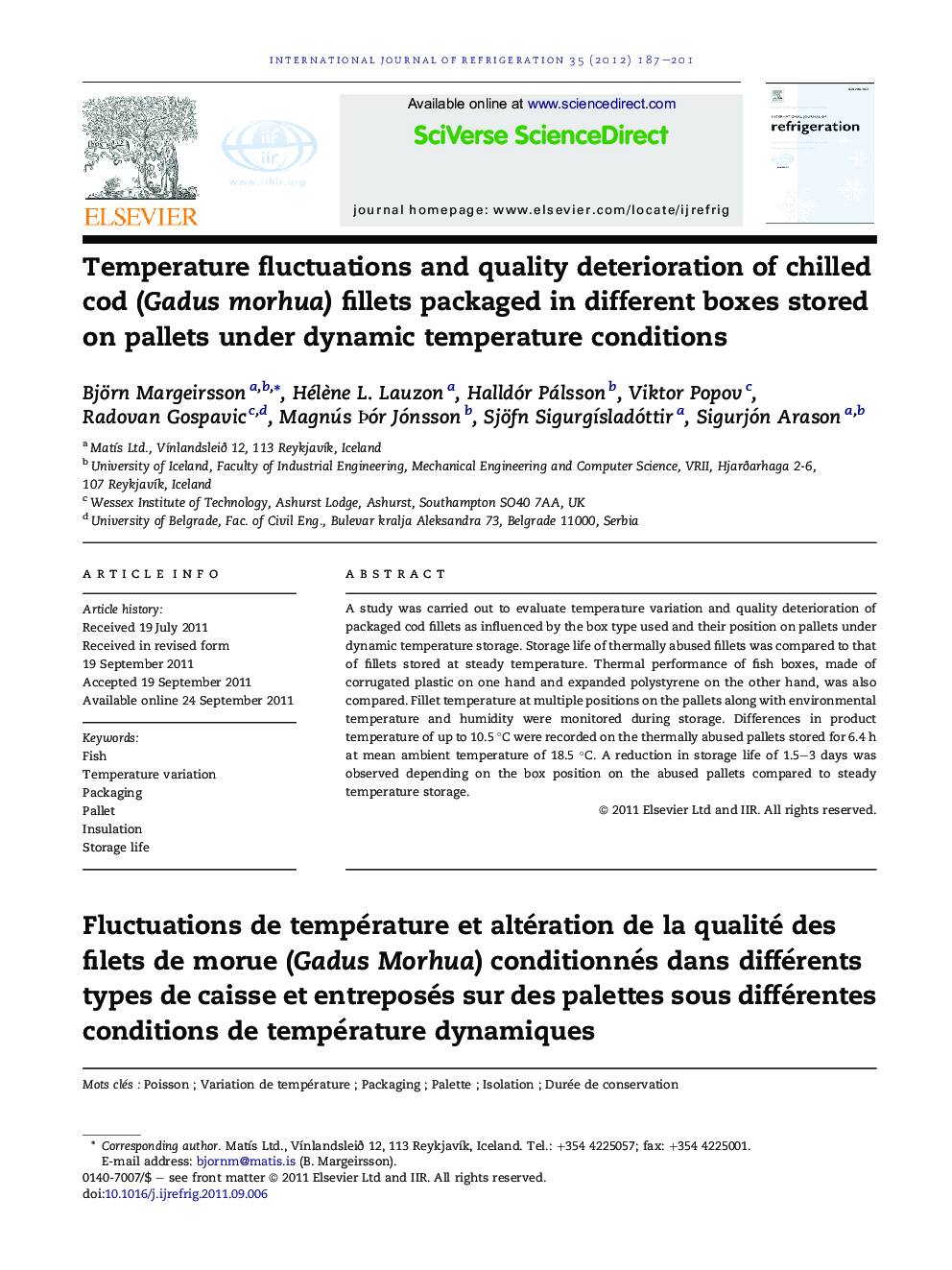 Temperature fluctuations and quality deterioration of chilled cod (Gadus morhua) fillets packaged in different boxes stored on pallets under dynamic temperature conditions