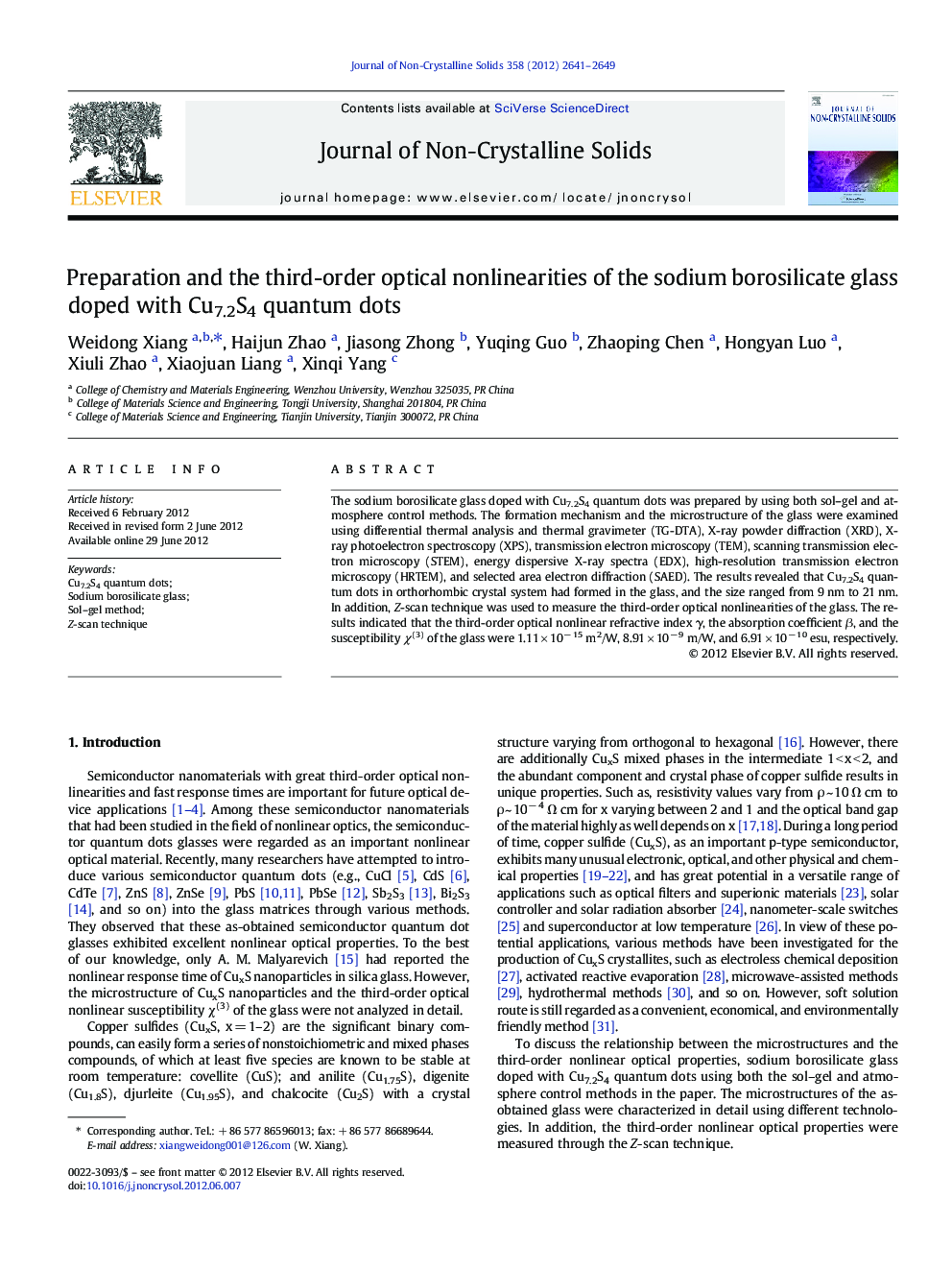 Preparation and the third-order optical nonlinearities of the sodium borosilicate glass doped with Cu7.2S4 quantum dots