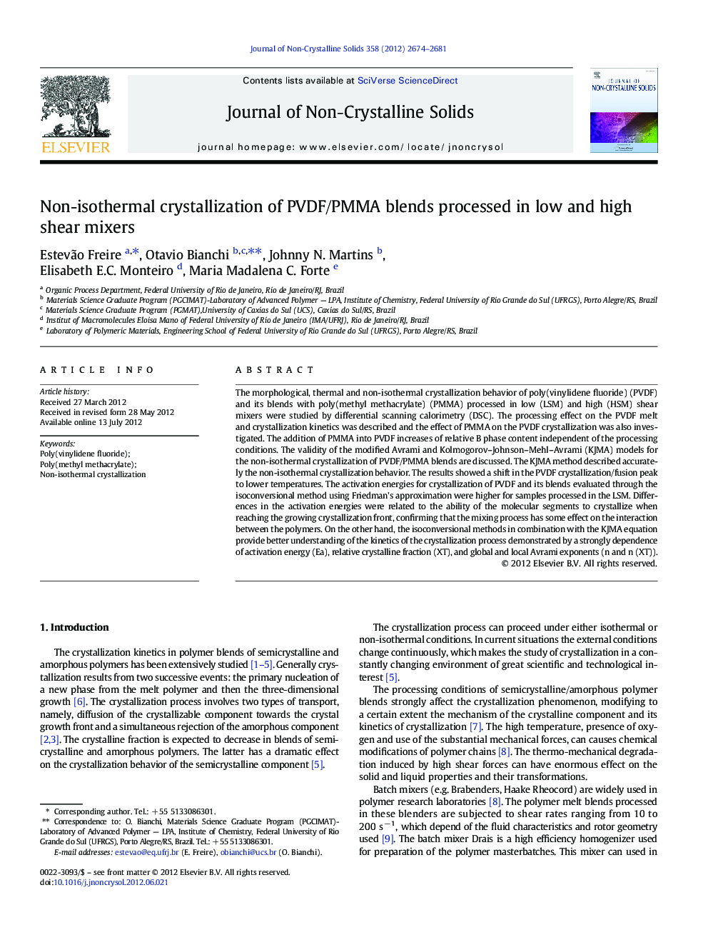 Non-isothermal crystallization of PVDF/PMMA blends processed in low and high shear mixers