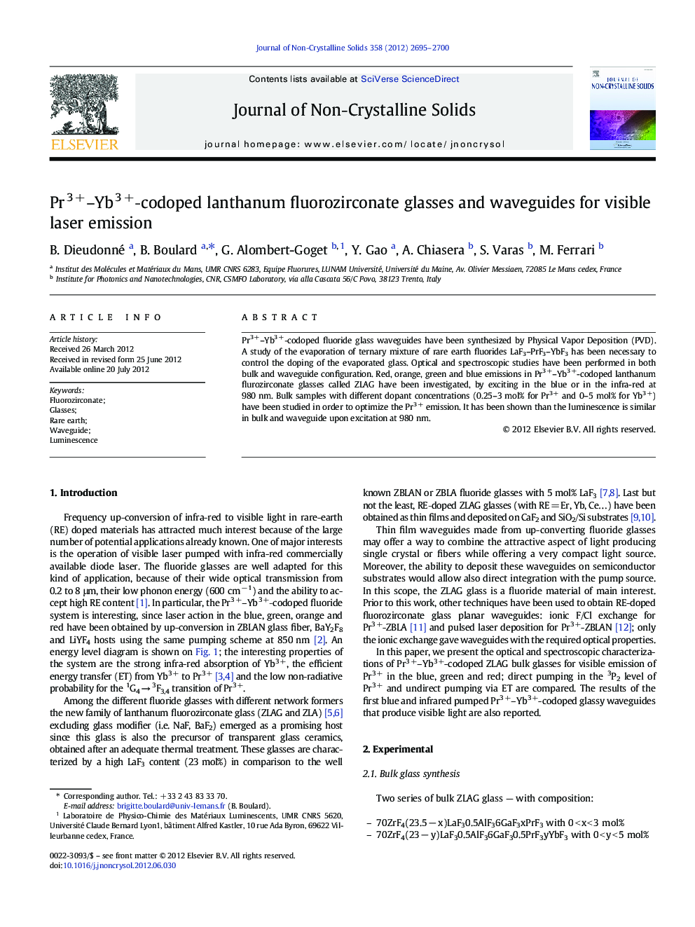 Pr3Â +-Yb3Â +âcodoped lanthanum fluorozirconate glasses and waveguides for visible laser emission