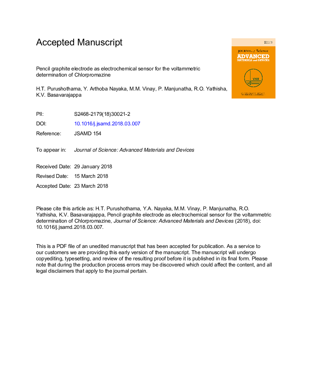 الکترود گرافیت مداد به عنوان یک سنسور الکتروشیمیایی برای تعیین ولتاژ کلرپرومازین 