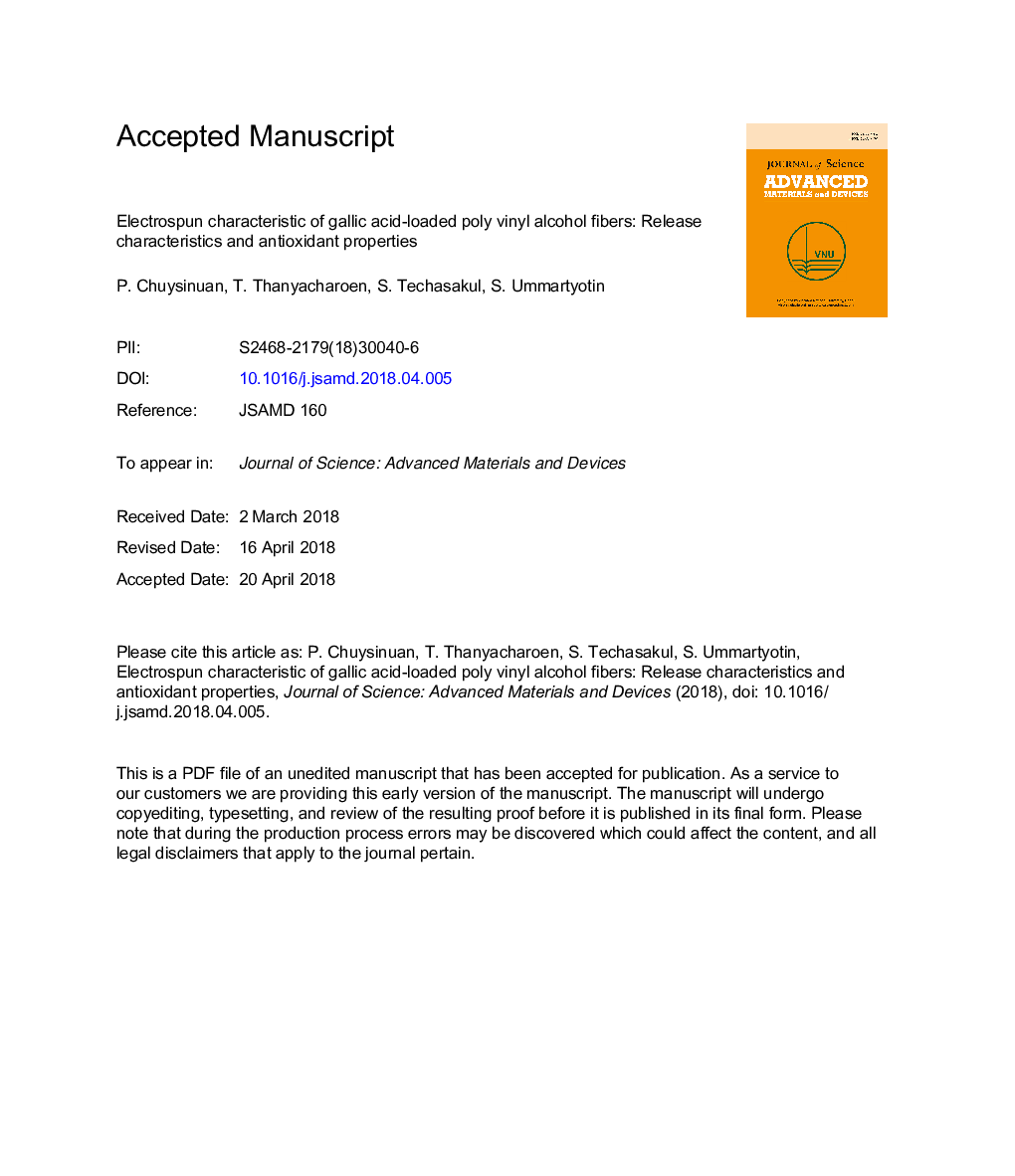 Electrospun characteristics of gallic acid-loaded poly vinyl alcohol fibers: Release characteristics and antioxidant properties