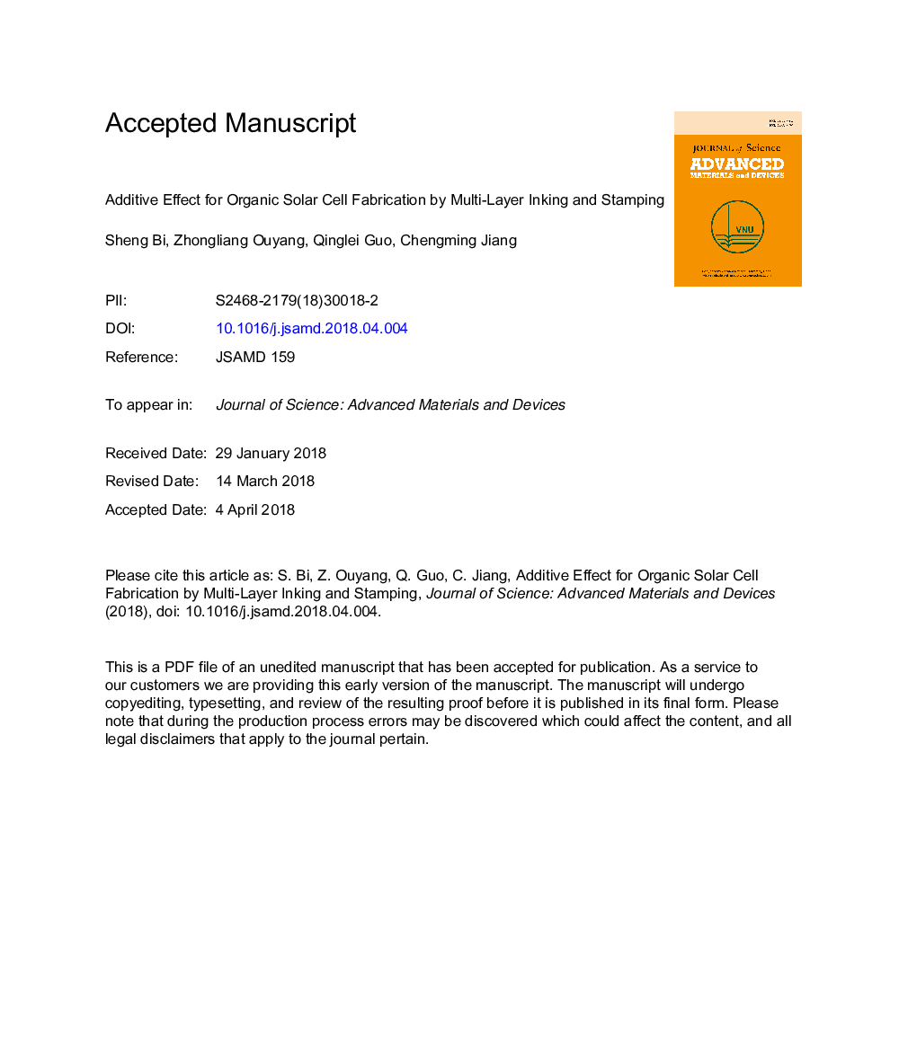 Additive effect for organic solar cell fabrication by multi-layer inking and stamping