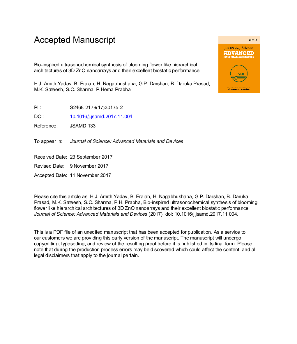 Bio-inspired ultrasonochemical synthesis of blooming flower like ZnOÂ hierarchical architectures and their excellent biostatic performance