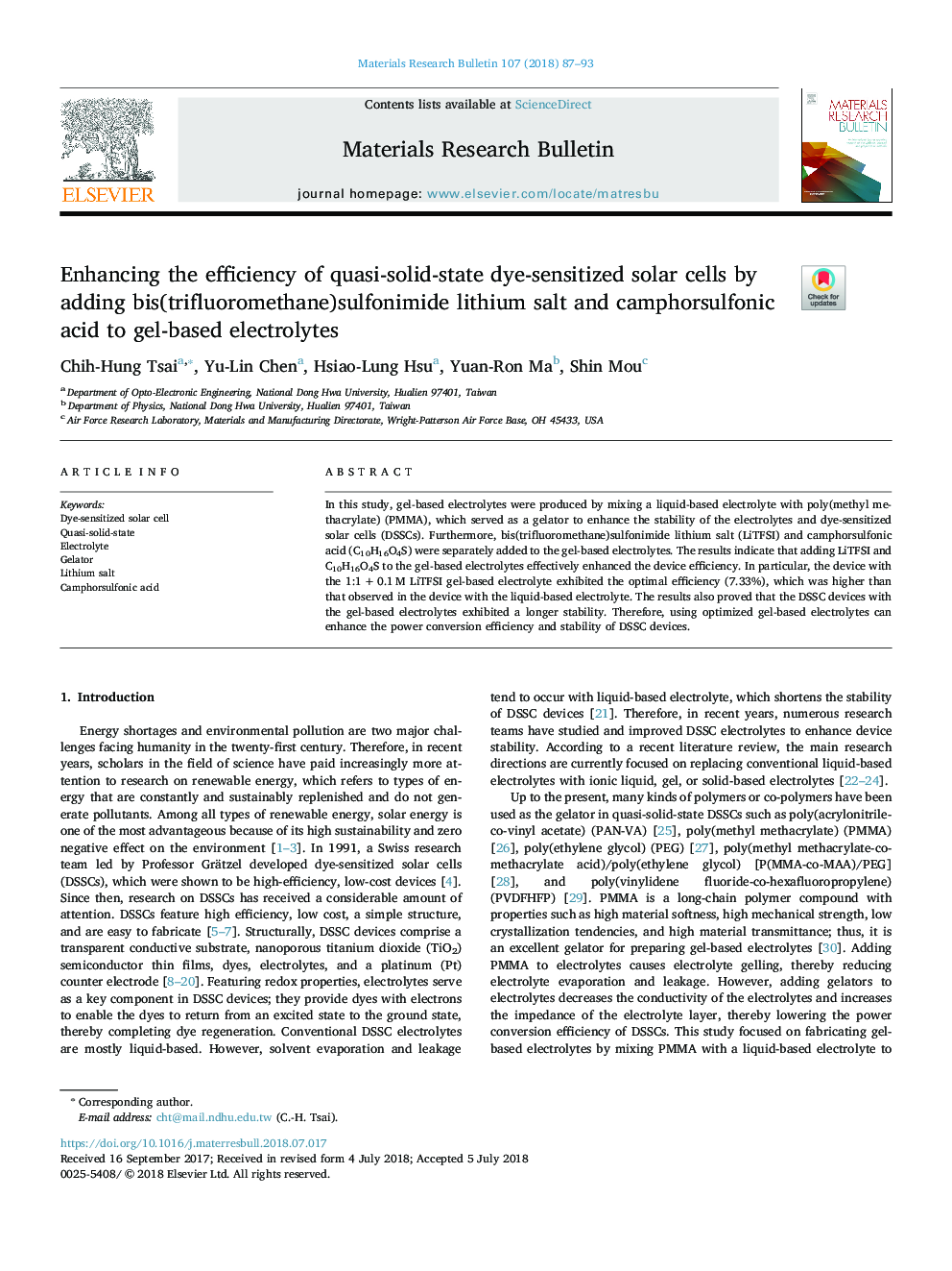 Enhancing the efficiency of quasi-solid-state dye-sensitized solar cells by adding bis(trifluoromethane)sulfonimide lithium salt and camphorsulfonic acid to gel-based electrolytes