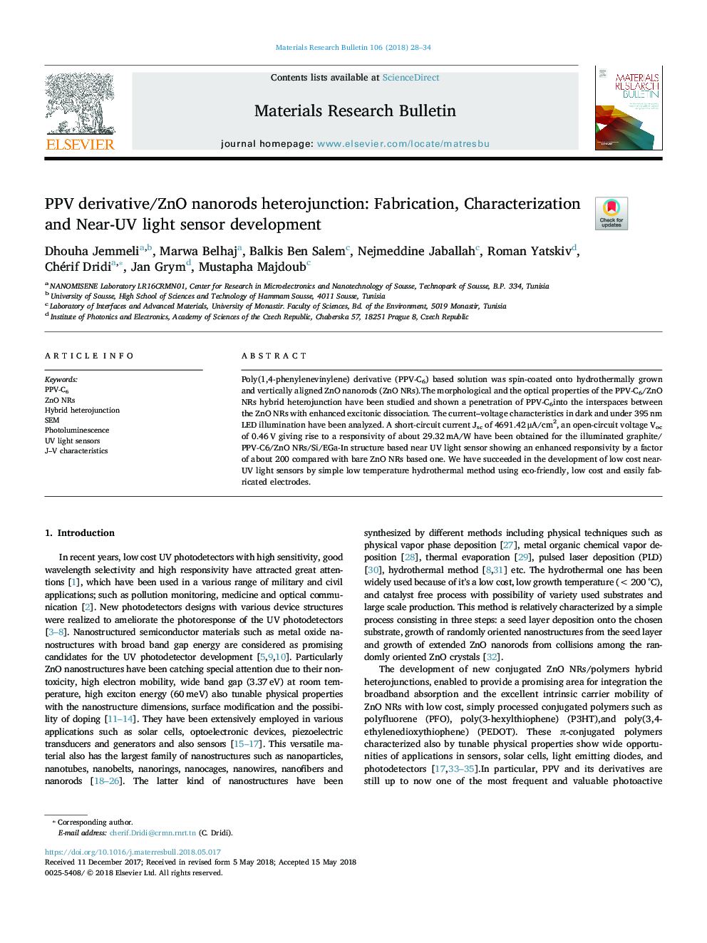 PPV derivative/ZnO nanorods heterojunction: Fabrication, Characterization and Near-UV light sensor development