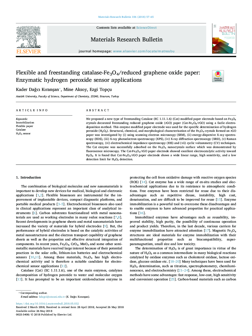 Flexible and freestanding catalase-Fe3O4/reduced graphene oxide paper: Enzymatic hydrogen peroxide sensor applications