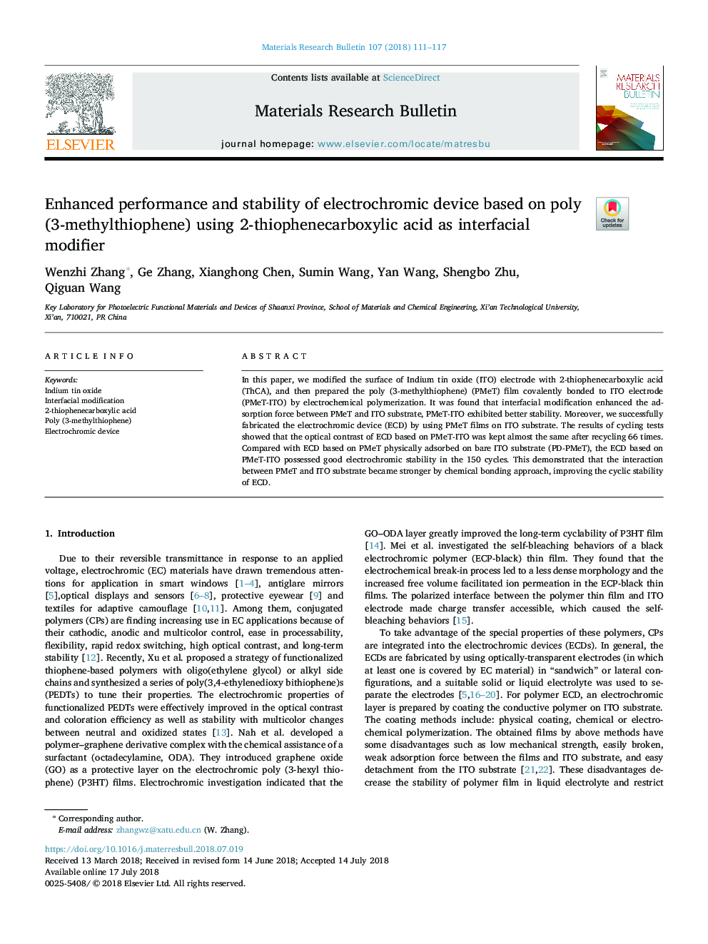 Enhanced performance and stability of electrochromic device based on poly (3-methylthiophene) using 2-thiophenecarboxylic acid as interfacial modifier