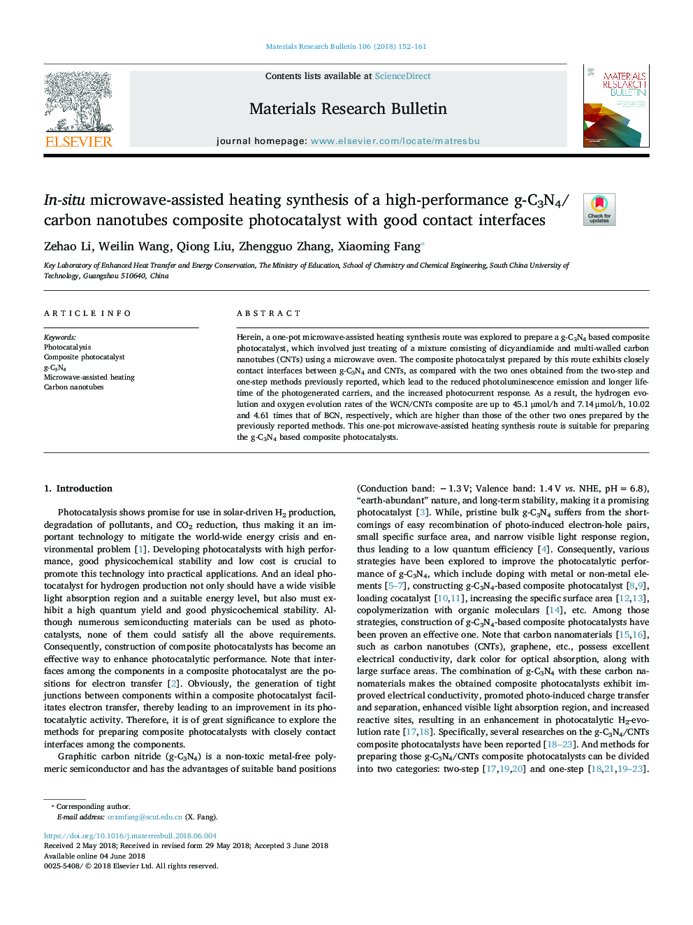 In-situ microwave-assisted heating synthesis of a high-performance g-C3N4/carbon nanotubes composite photocatalyst with good contact interfaces