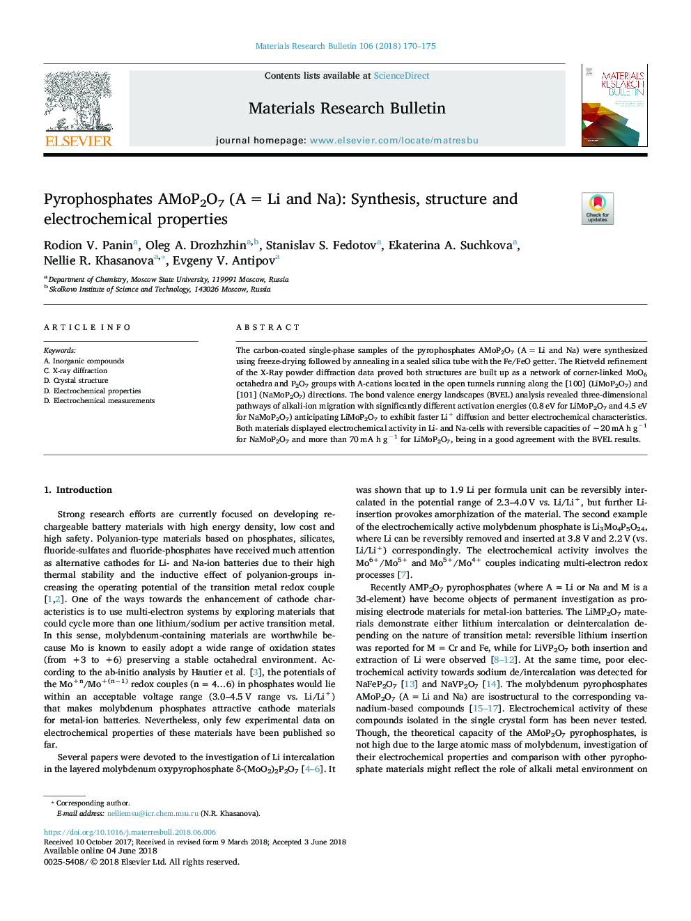 Pyrophosphates AMoP2O7 (Aâ¯=â¯Li and Na): Synthesis, structure and electrochemical properties