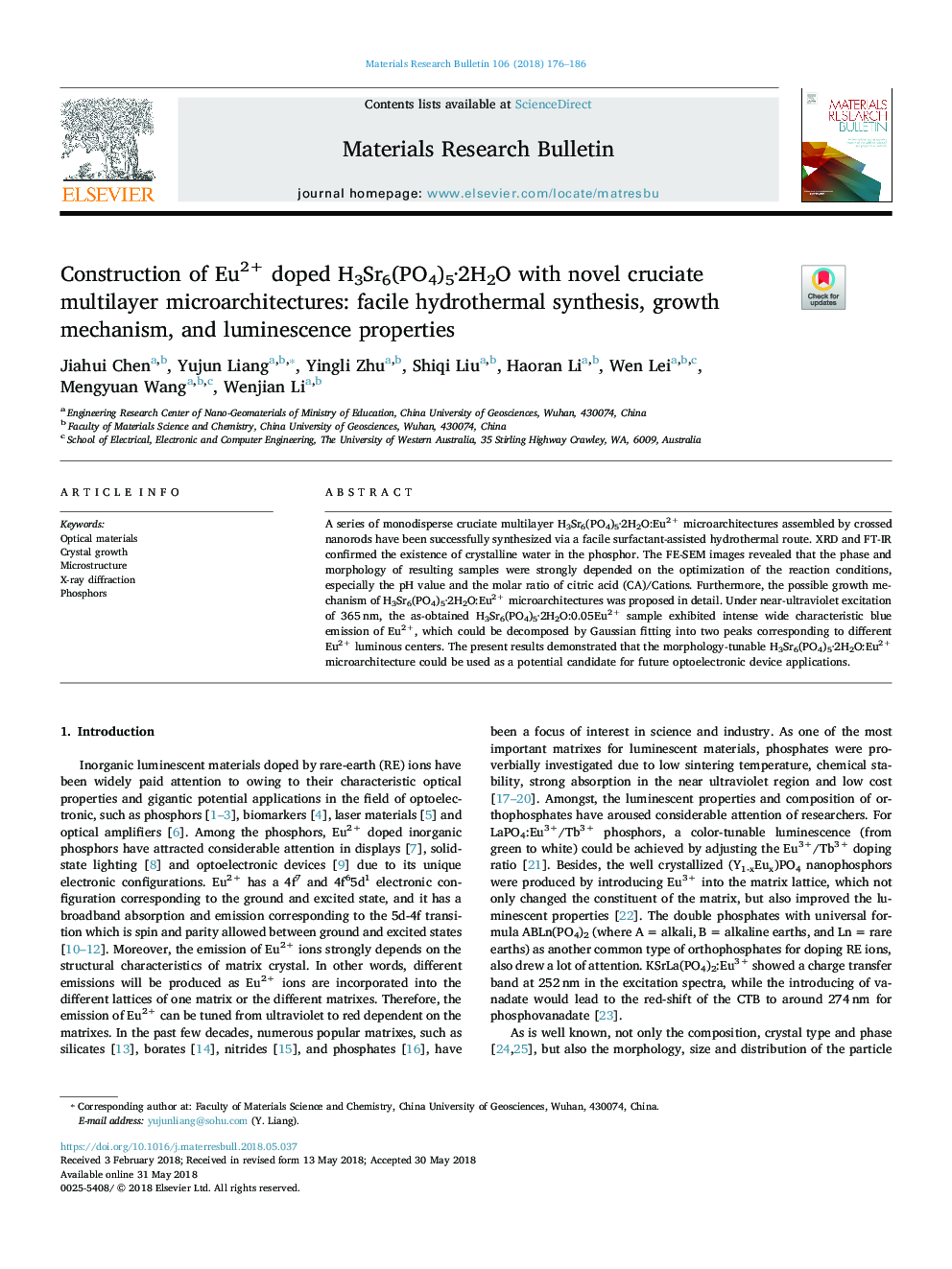 Construction of Eu2+ doped H3Sr6(PO4)5Â·2H2O with novel cruciate multilayer microarchitectures: facile hydrothermal synthesis, growth mechanism, and luminescence properties