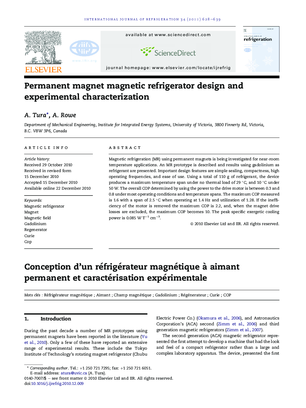 Permanent magnet magnetic refrigerator design and experimental characterization