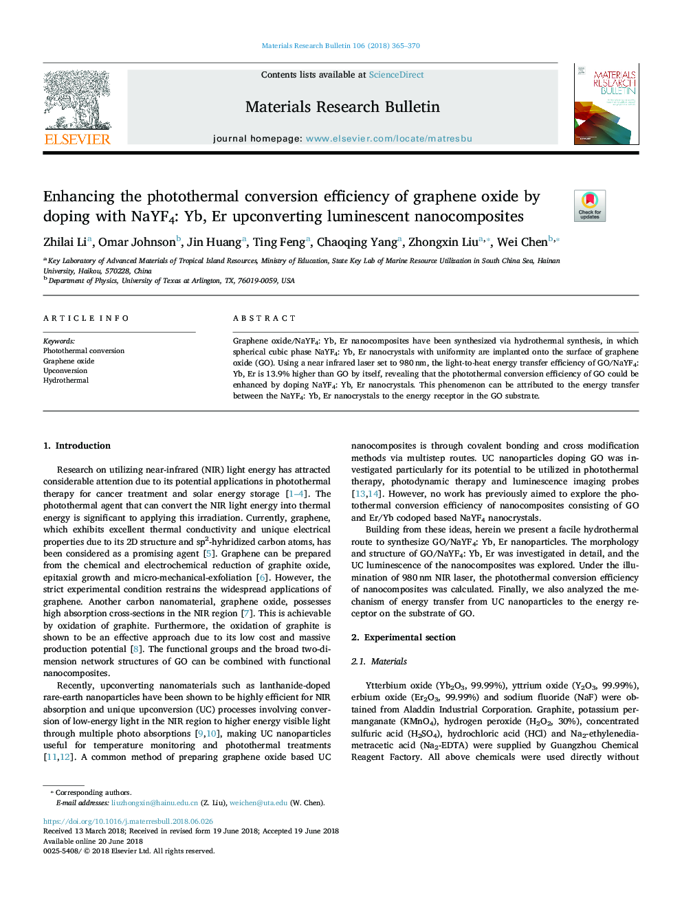 Enhancing the photothermal conversion efficiency of graphene oxide by doping with NaYF4: Yb, Er upconverting luminescent nanocomposites