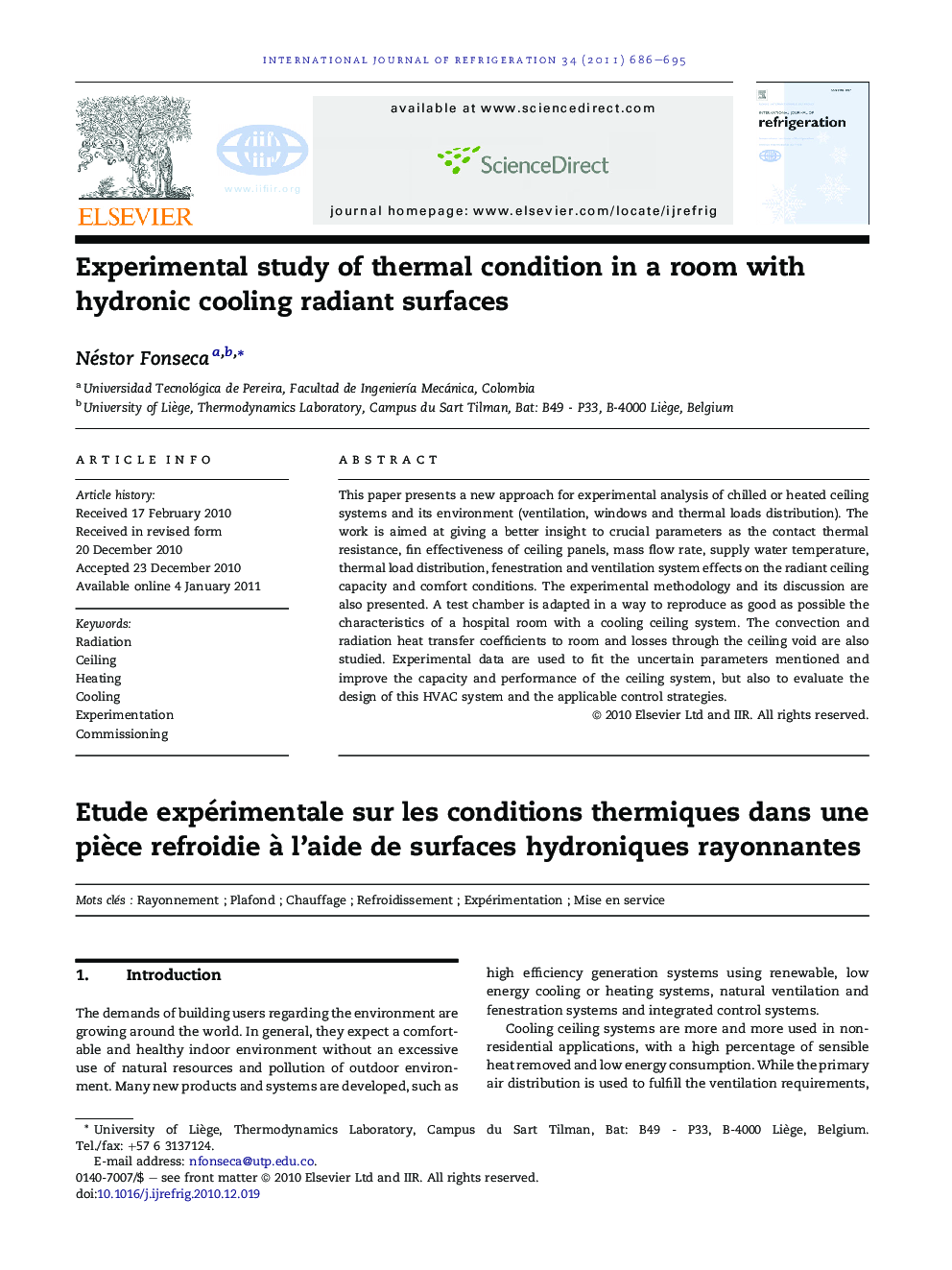 Experimental study of thermal condition in a room with hydronic cooling radiant surfaces