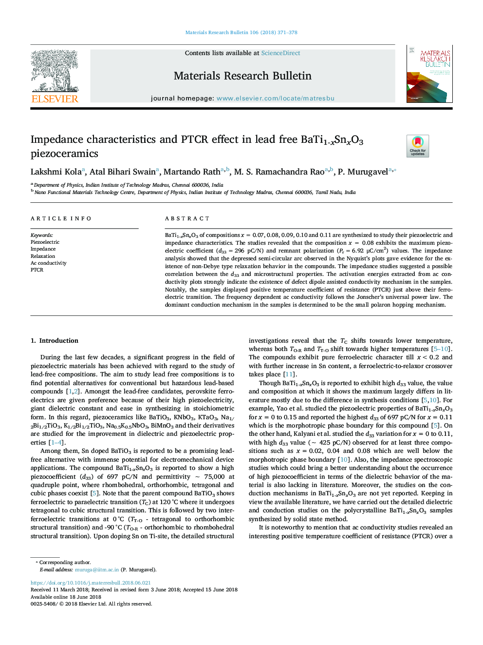 Impedance characteristics and PTCR effect in lead free BaTi1-xSnxO3 piezoceramics