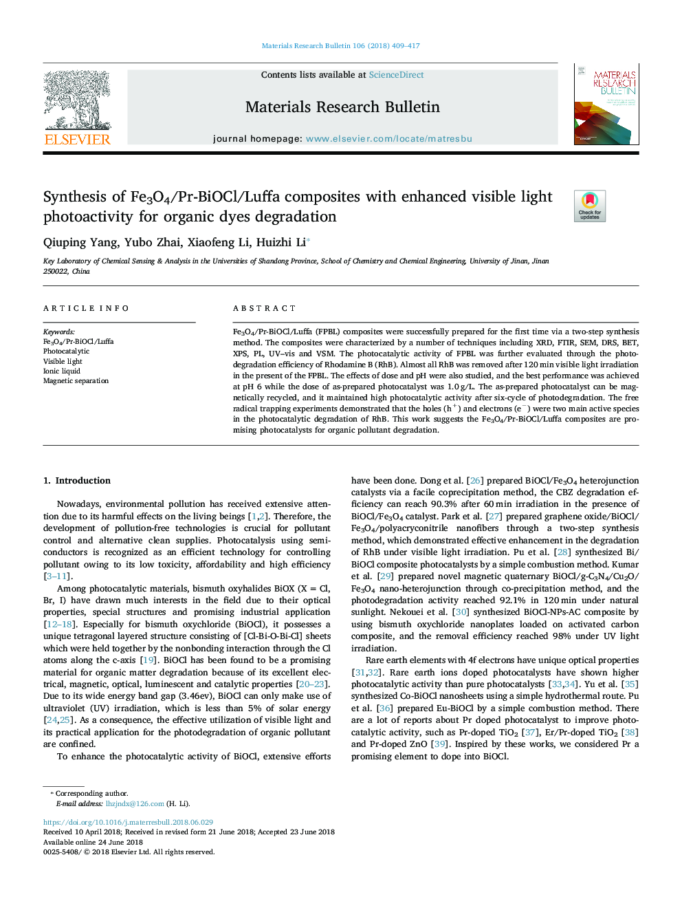 Synthesis of Fe3O4/Pr-BiOCl/Luffa composites with enhanced visible light photoactivity for organic dyes degradation