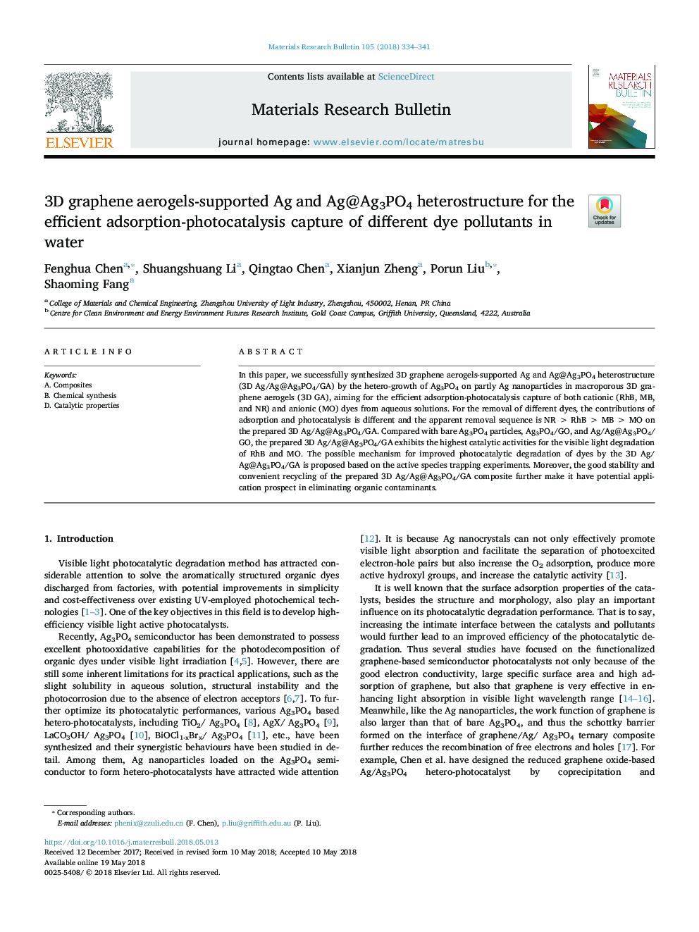 3D graphene aerogels-supported Ag and Ag@Ag3PO4 heterostructure for the efficient adsorption-photocatalysis capture of different dye pollutants in water