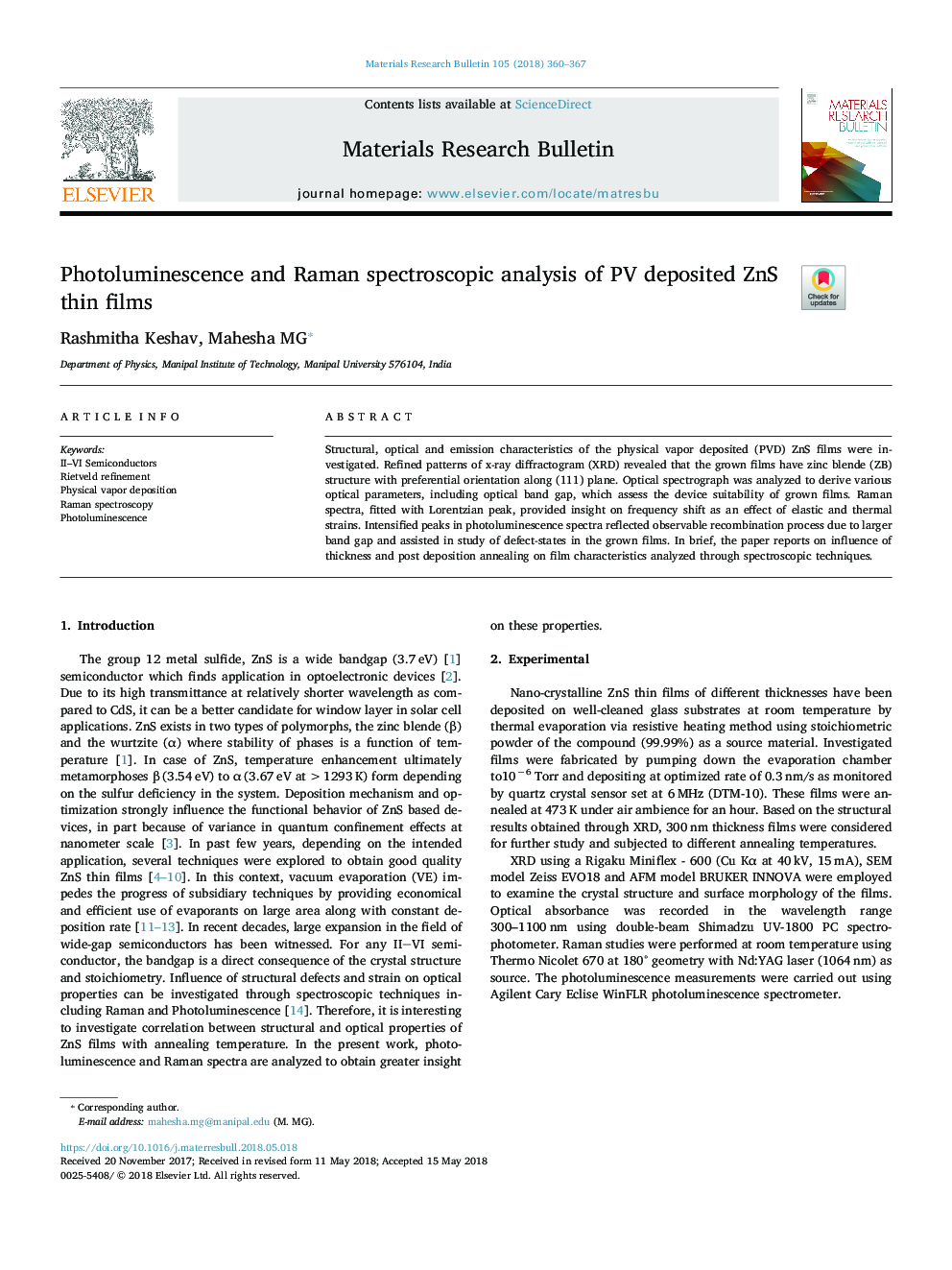 Photoluminescence and Raman spectroscopic analysis of PV deposited ZnS thin films