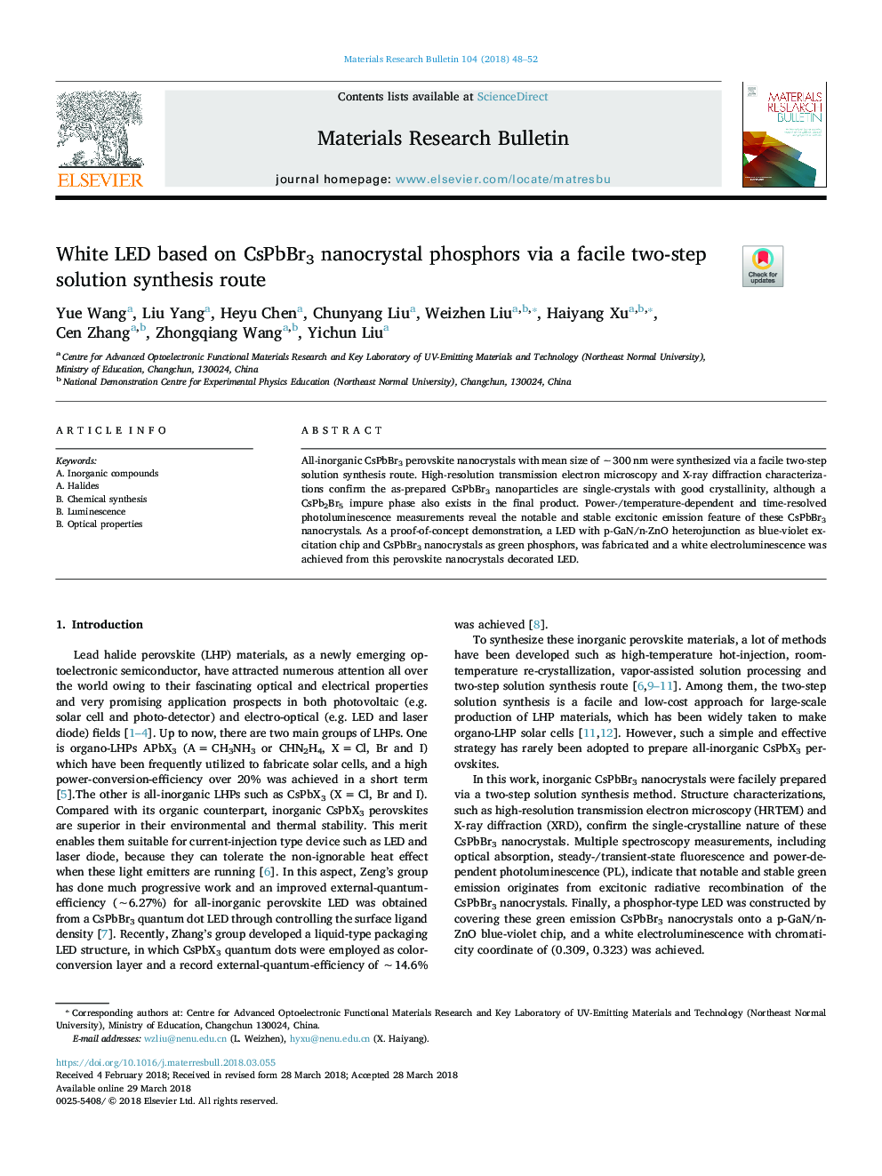 White LED based on CsPbBr3 nanocrystal phosphors via a facile two-step solution synthesis route