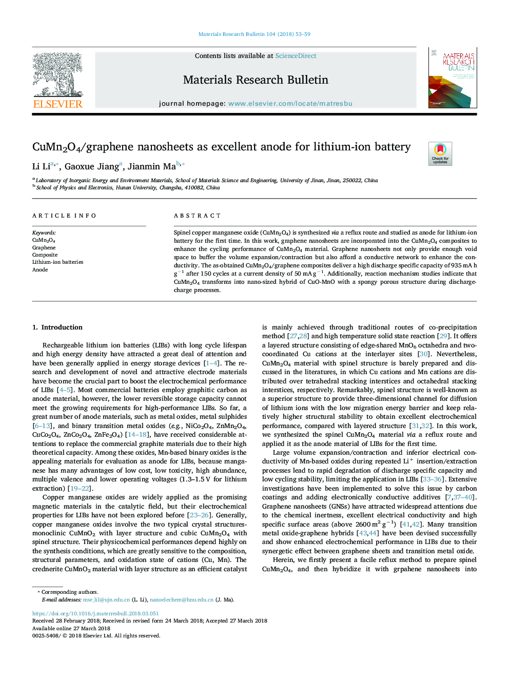 CuMn2O4/graphene nanosheets as excellent anode for lithium-ion battery