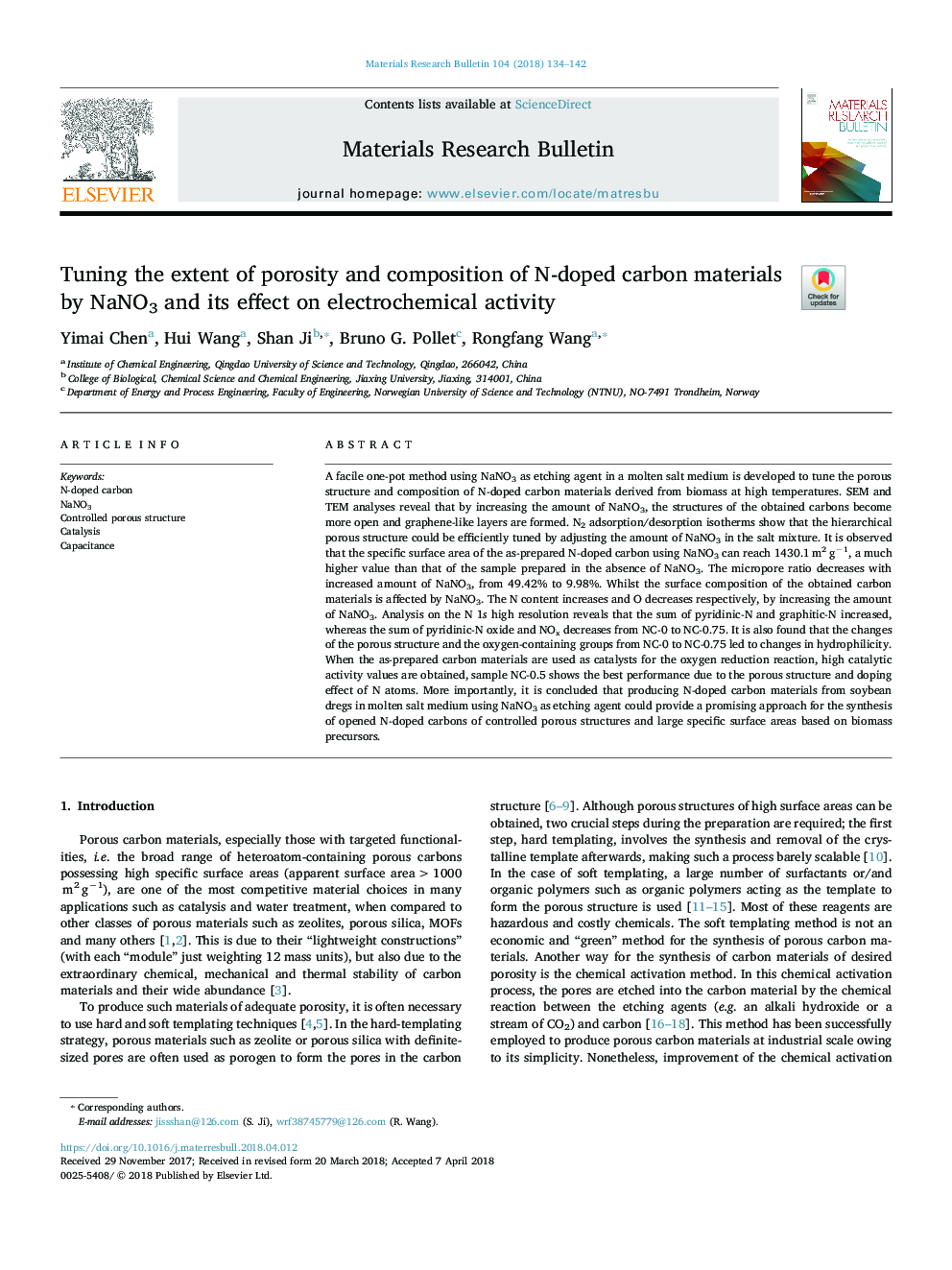 Tuning the extent of porosity and composition of N-doped carbon materials by NaNO3 and its effect on electrochemical activity