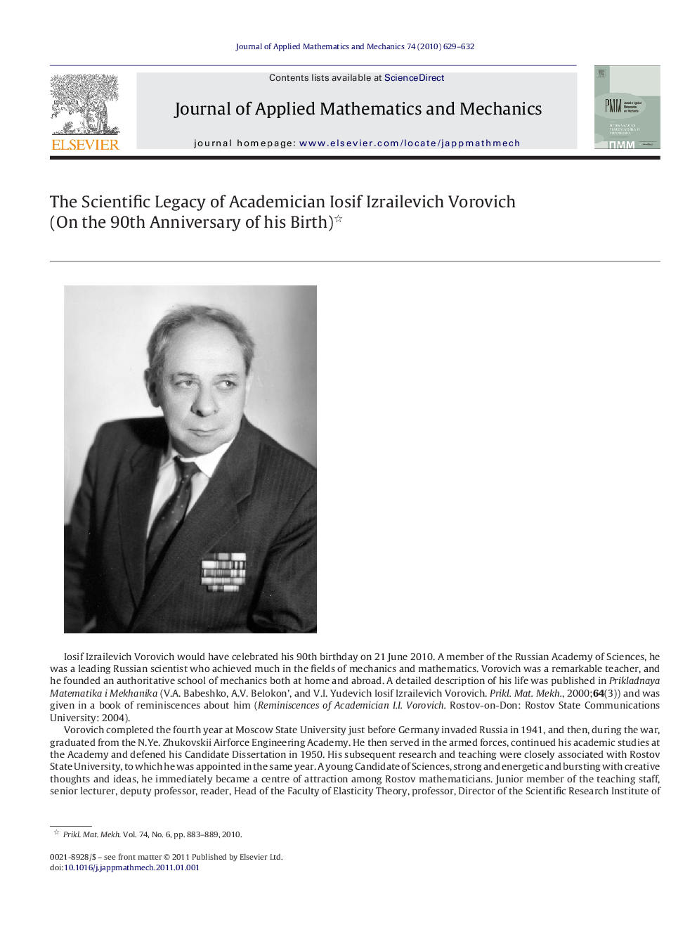 The Scientific Legacy of Academician Iosif Izrailevich Vorovich