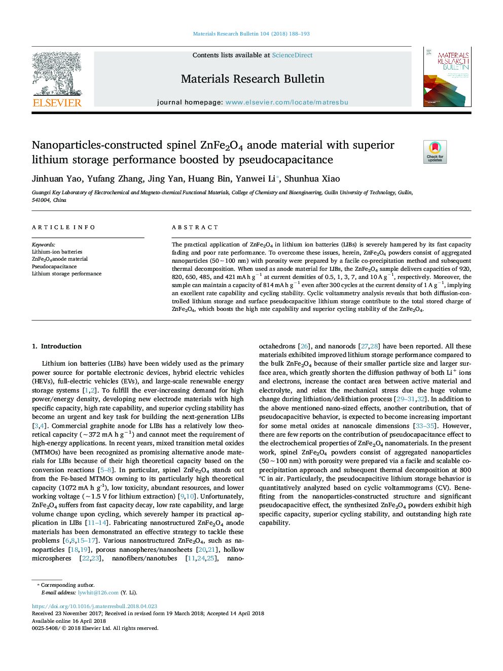 Nanoparticles-constructed spinel ZnFe2O4 anode material with superior lithium storage performance boosted by pseudocapacitance