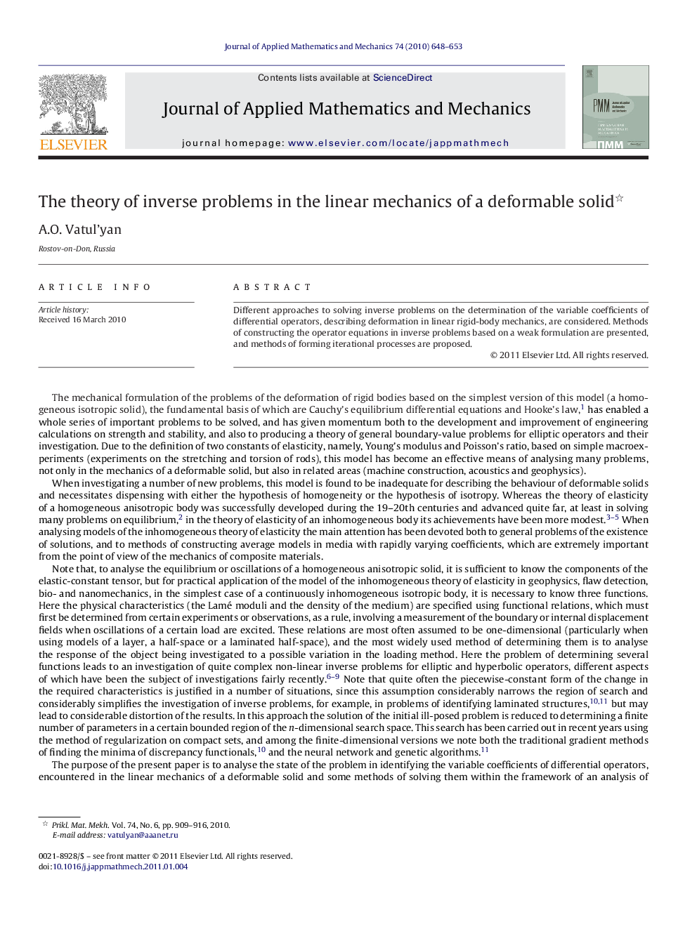 The theory of inverse problems in the linear mechanics of a deformable solid 