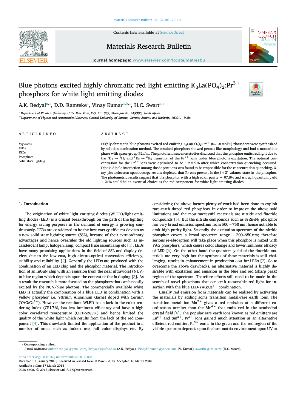 Blue photons excited highly chromatic red light emitting K3La(PO4)2:Pr3+ phosphors for white light emitting diodes