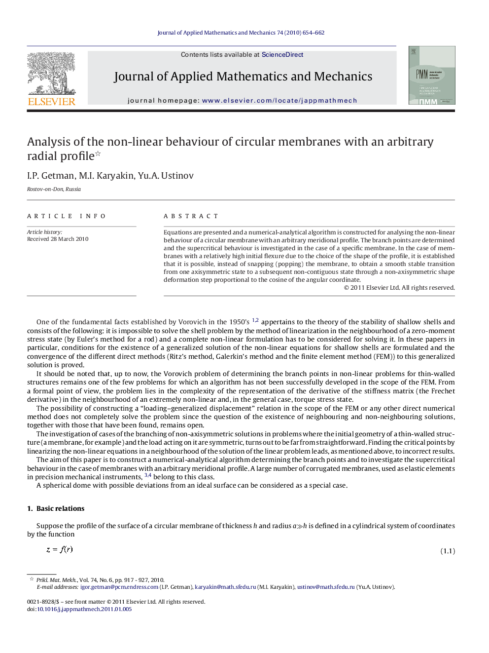 Analysis of the non-linear behaviour of circular membranes with an arbitrary radial profile 