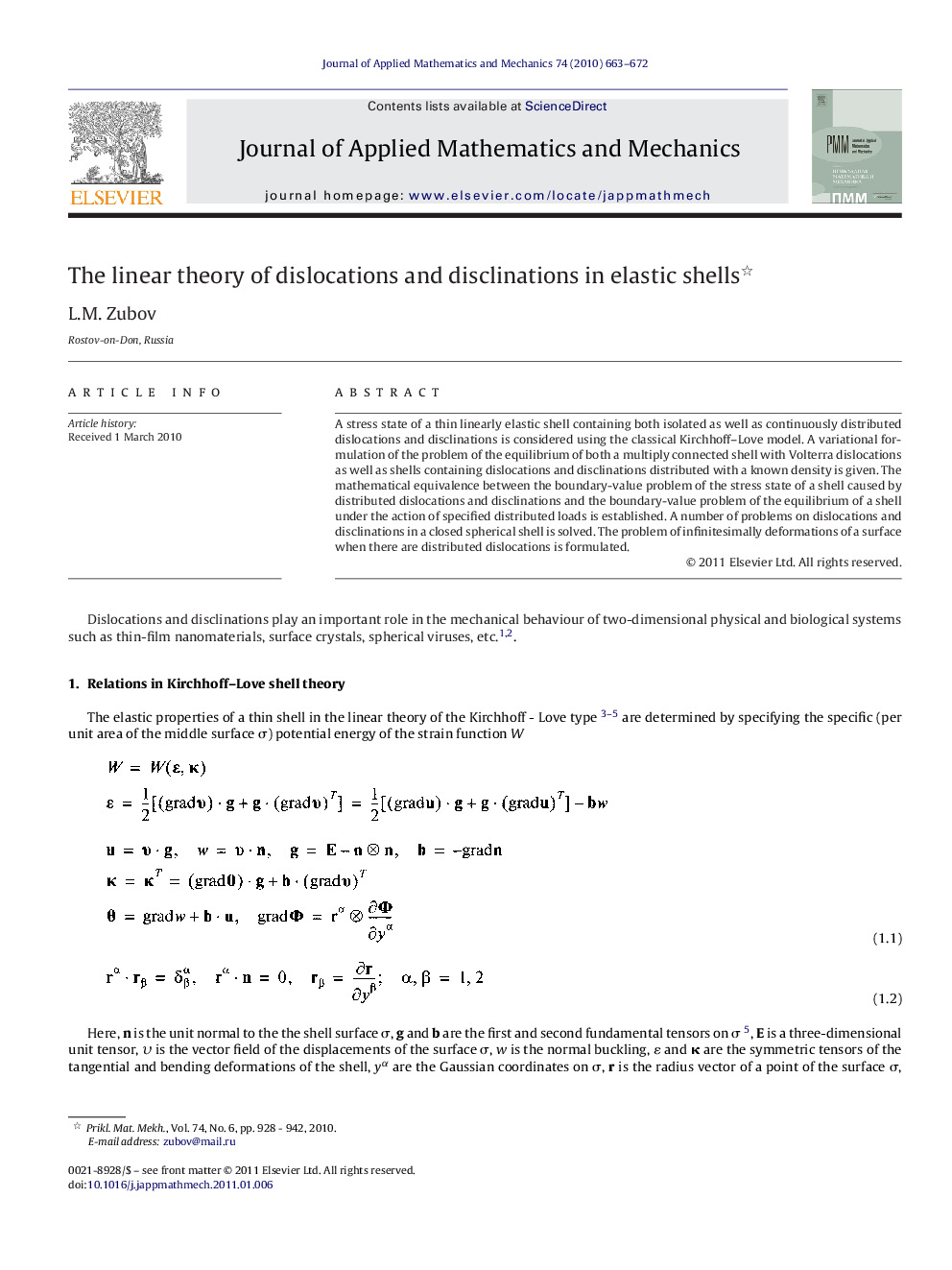 The linear theory of dislocations and disclinations in elastic shells 