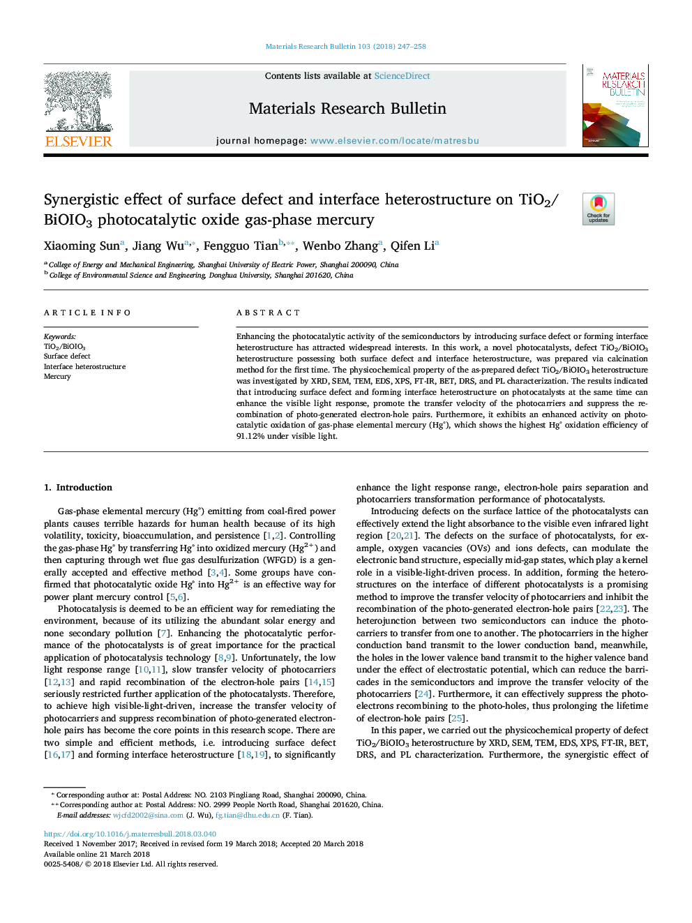 Synergistic effect of surface defect and interface heterostructure on TiO2/BiOIO3 photocatalytic oxide gas-phase mercury