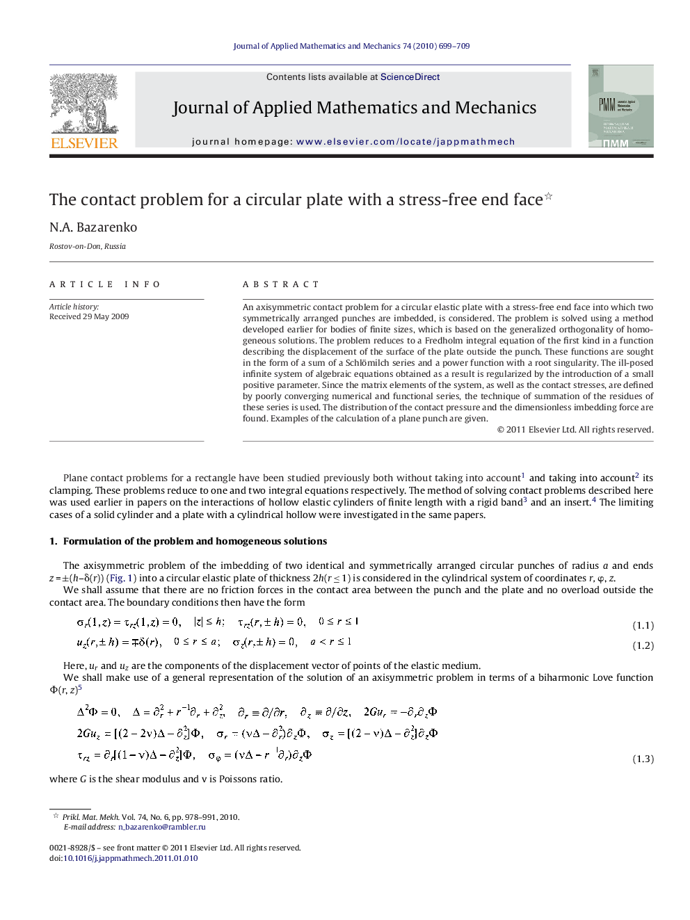 The contact problem for a circular plate with a stress-free end face 