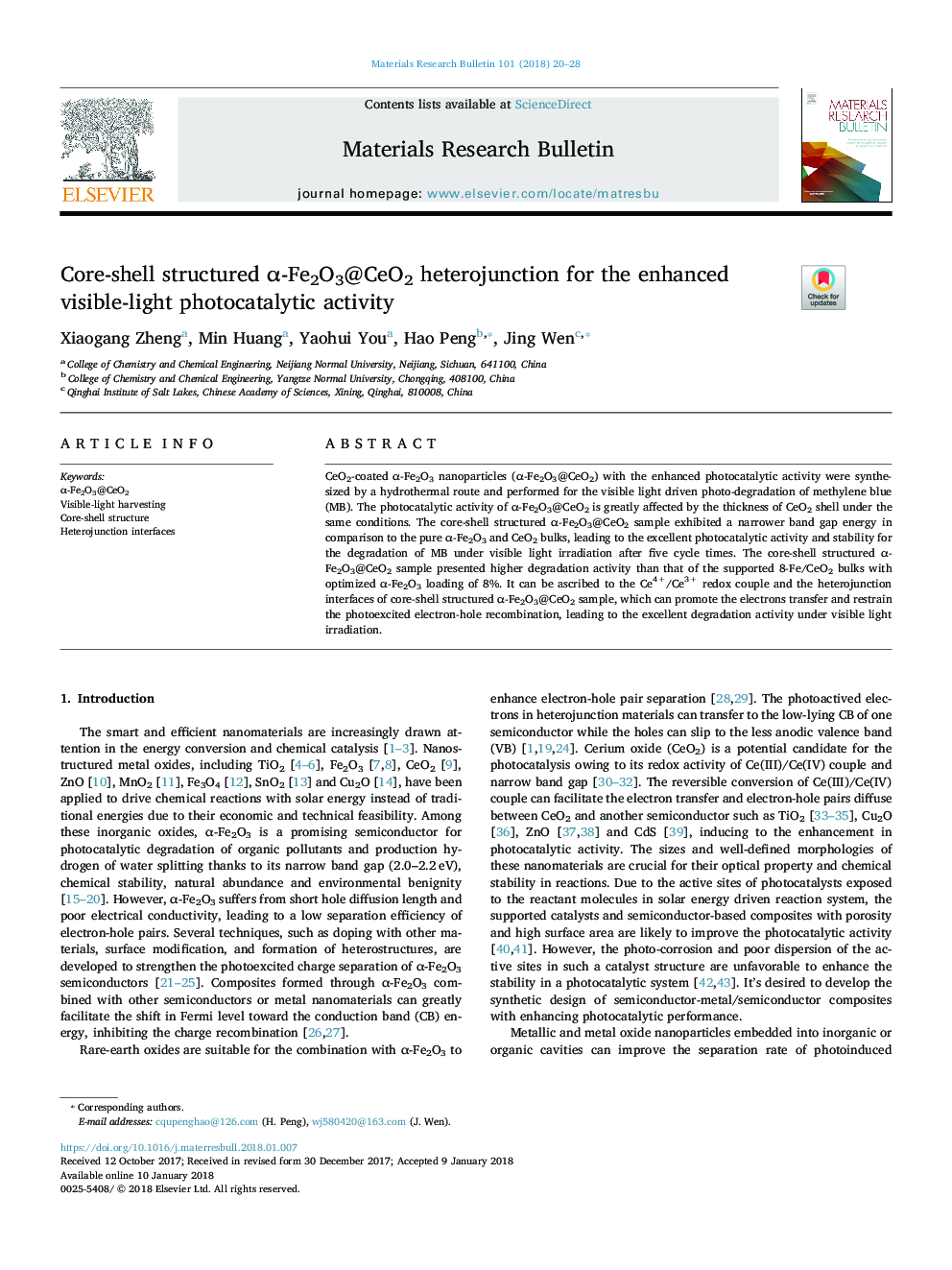 Core-shell structured Î±-Fe2O3@CeO2 heterojunction for the enhanced visible-light photocatalytic activity