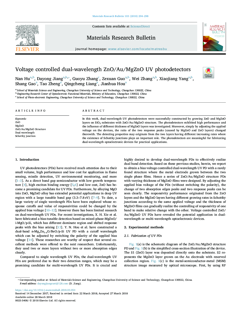 Voltage controlled dual-wavelength ZnO/Au/MgZnO UV photodetectors