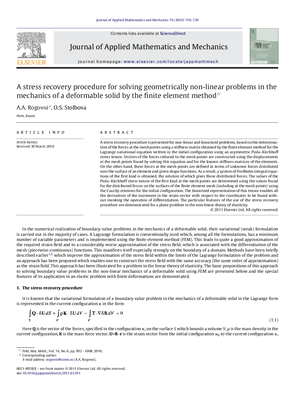 A stress recovery procedure for solving geometrically non-linear problems in the mechanics of a deformable solid by the finite element method 