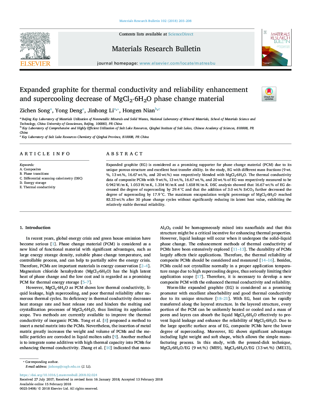 Expanded graphite for thermal conductivity and reliability enhancement and supercooling decrease of MgCl2â6H2O phase change material