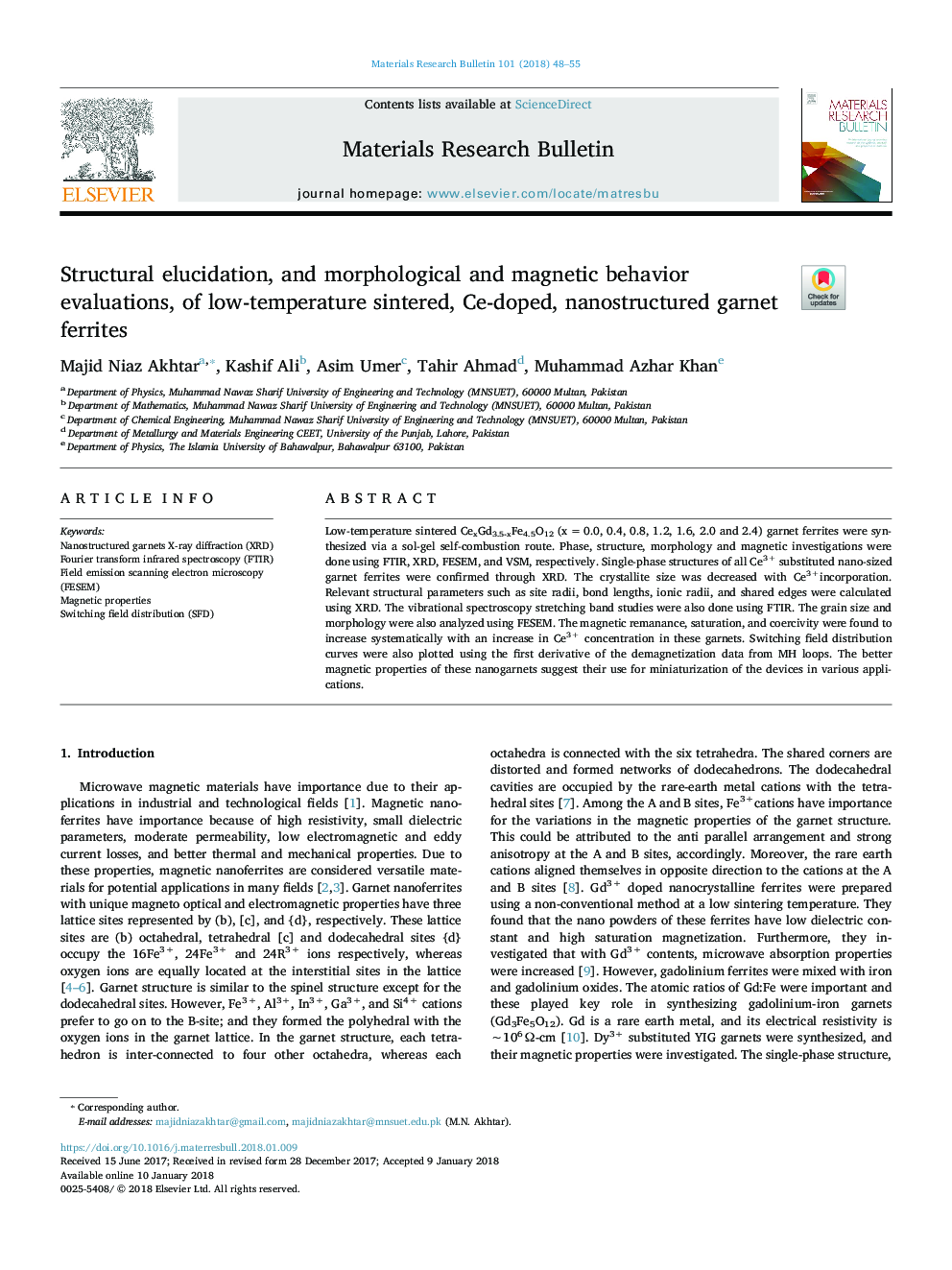 Structural elucidation, and morphological and magnetic behavior evaluations, of low-temperature sintered, Ce-doped, nanostructured garnet ferrites