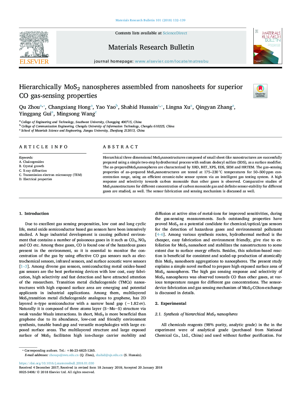 Hierarchically MoS2 nanospheres assembled from nanosheets for superior CO gas-sensing properties