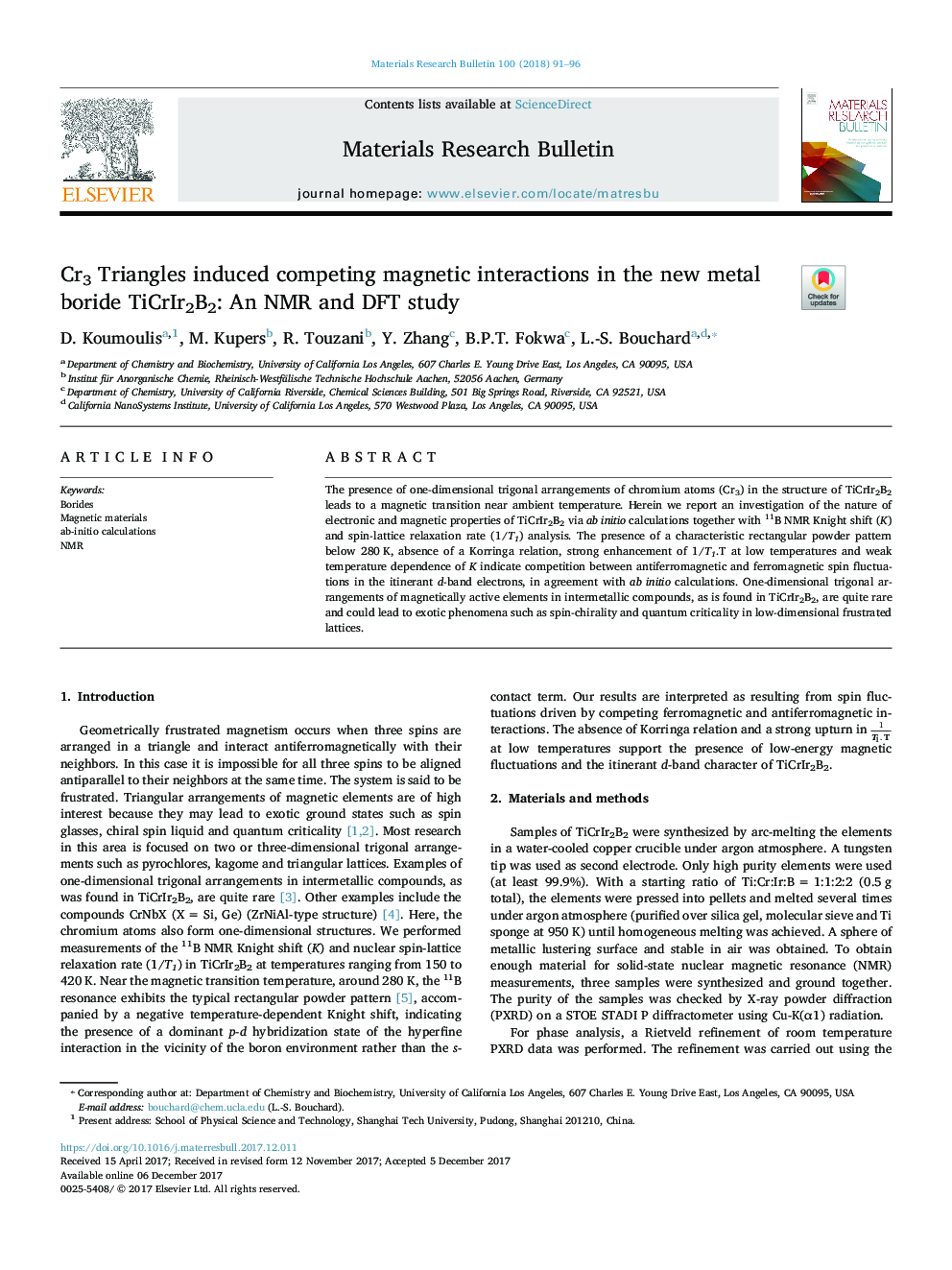 عکس صفحه اول مقاله: Cr3 Triangles induced competing magnetic interactions in the new metal boride TiCrIr2B2: An NMR and DFT study Cr3 Triangles induced competing magnetic interactions in the new metal boride TiCrIr2B2: An NMR and DFT study