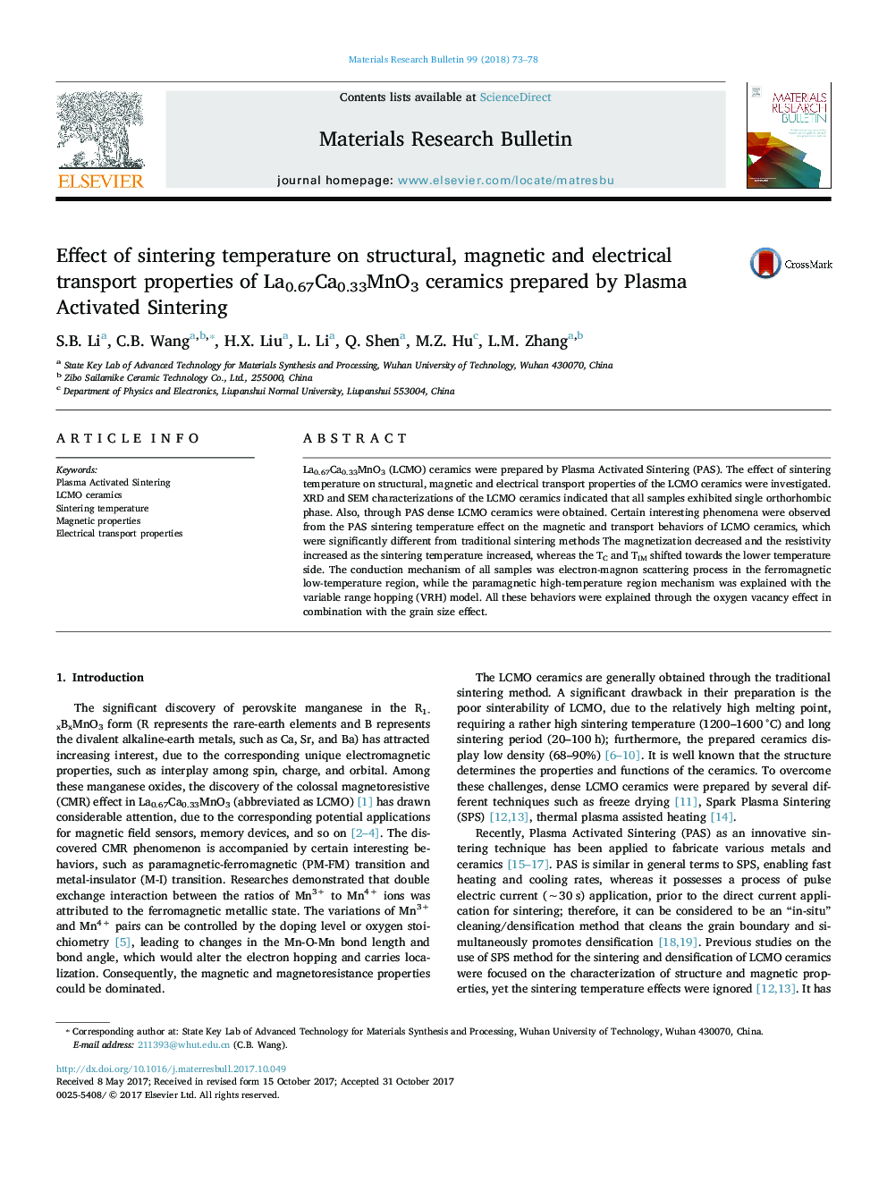 Effect of sintering temperature on structural, magnetic and electrical transport properties of La0.67Ca0.33MnO3 ceramics prepared by Plasma Activated Sintering