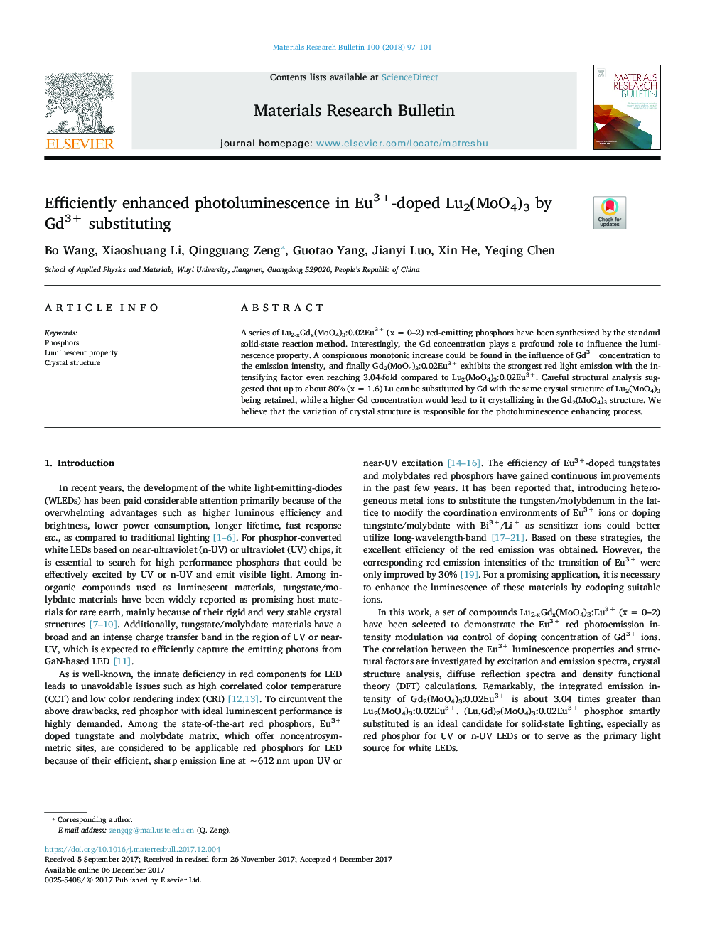 Efficiently enhanced photoluminescence in Eu3+-doped Lu2(MoO4)3 by Gd3+ substituting