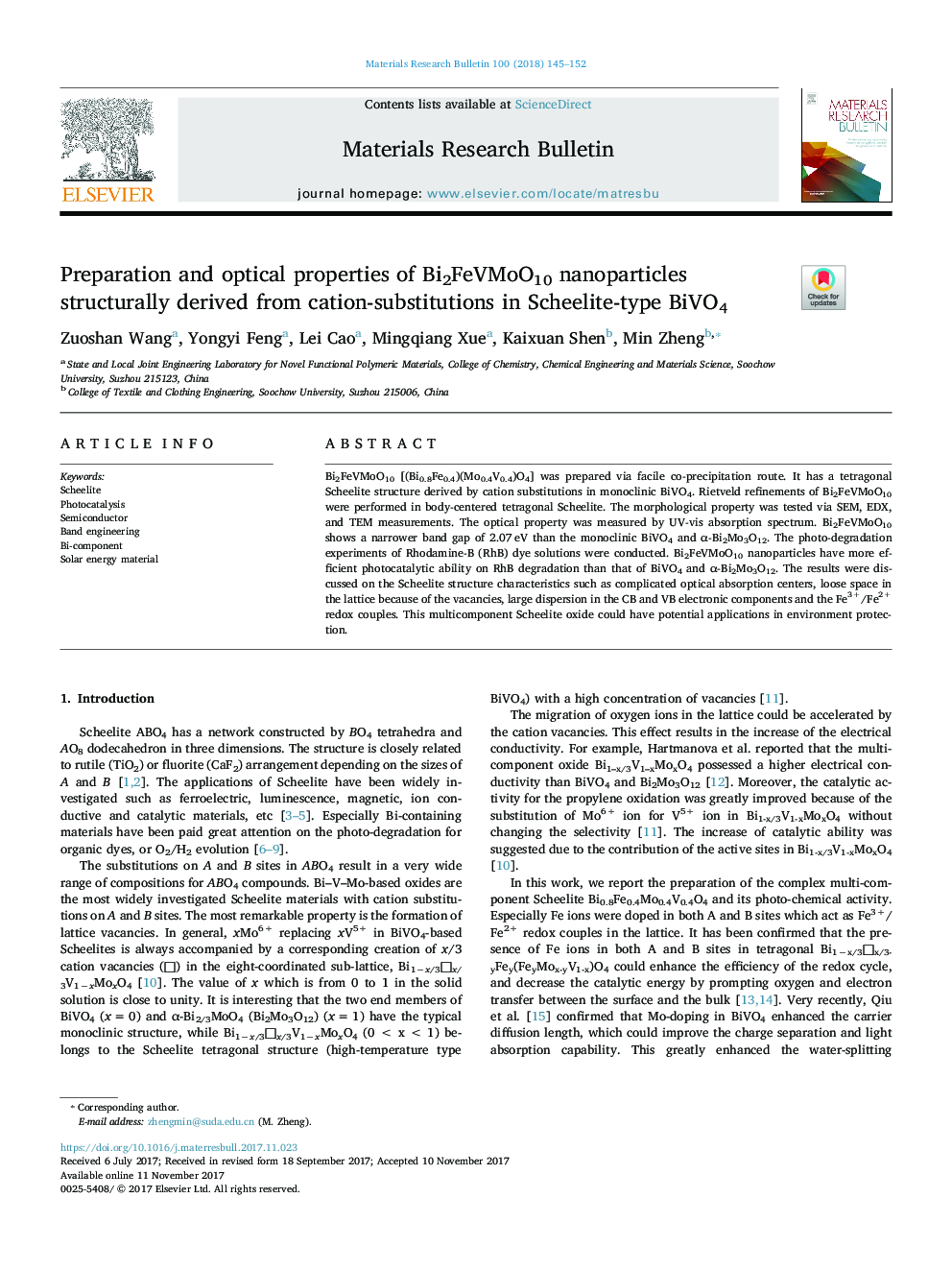 Preparation and optical properties of Bi2FeVMoO10 nanoparticles structurally derived from cation-substitutions in Scheelite-type BiVO4